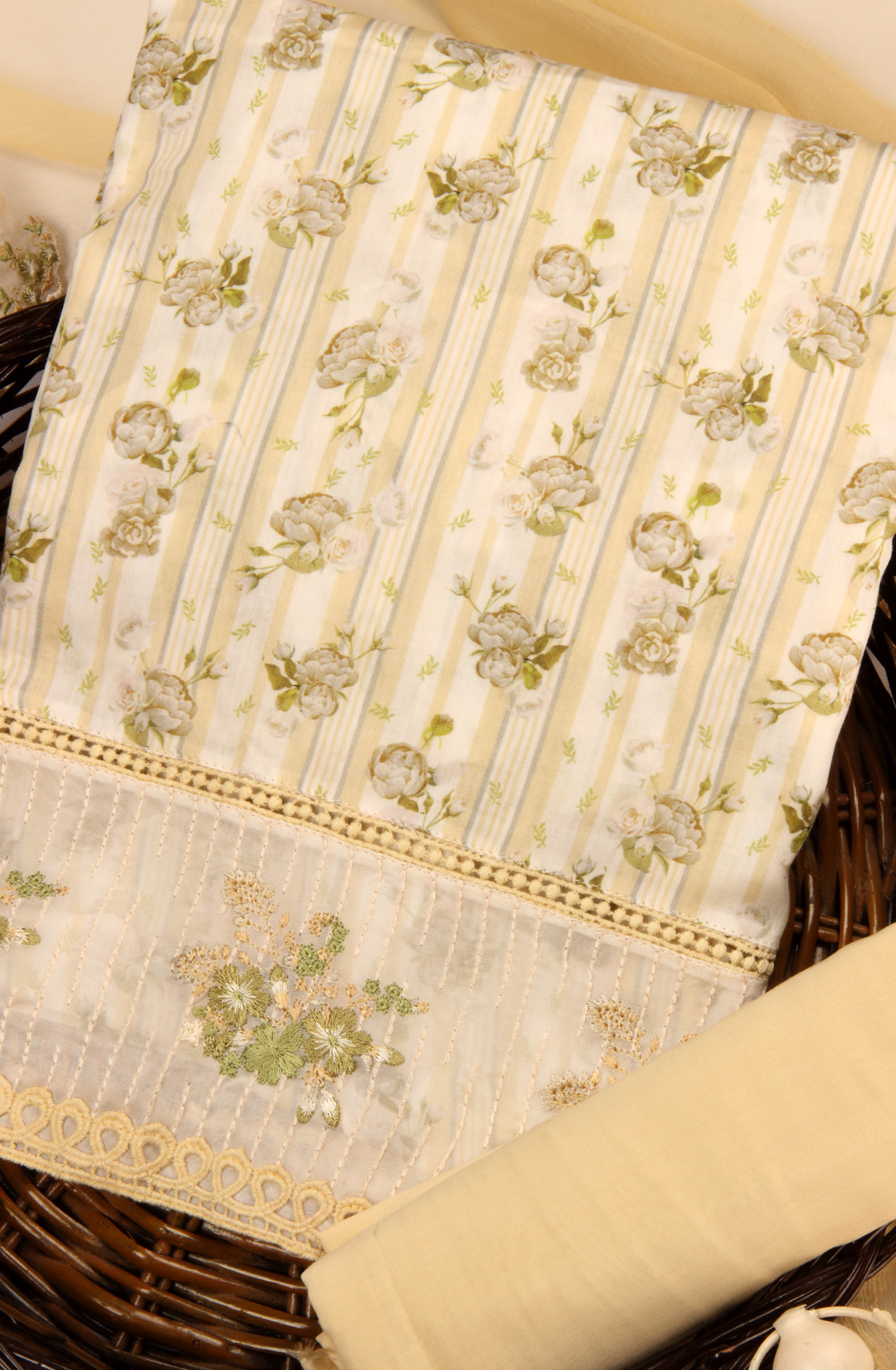 Beige Cotton Unstitched Salwar Suit with Chiffon Dupatta - NAS5291