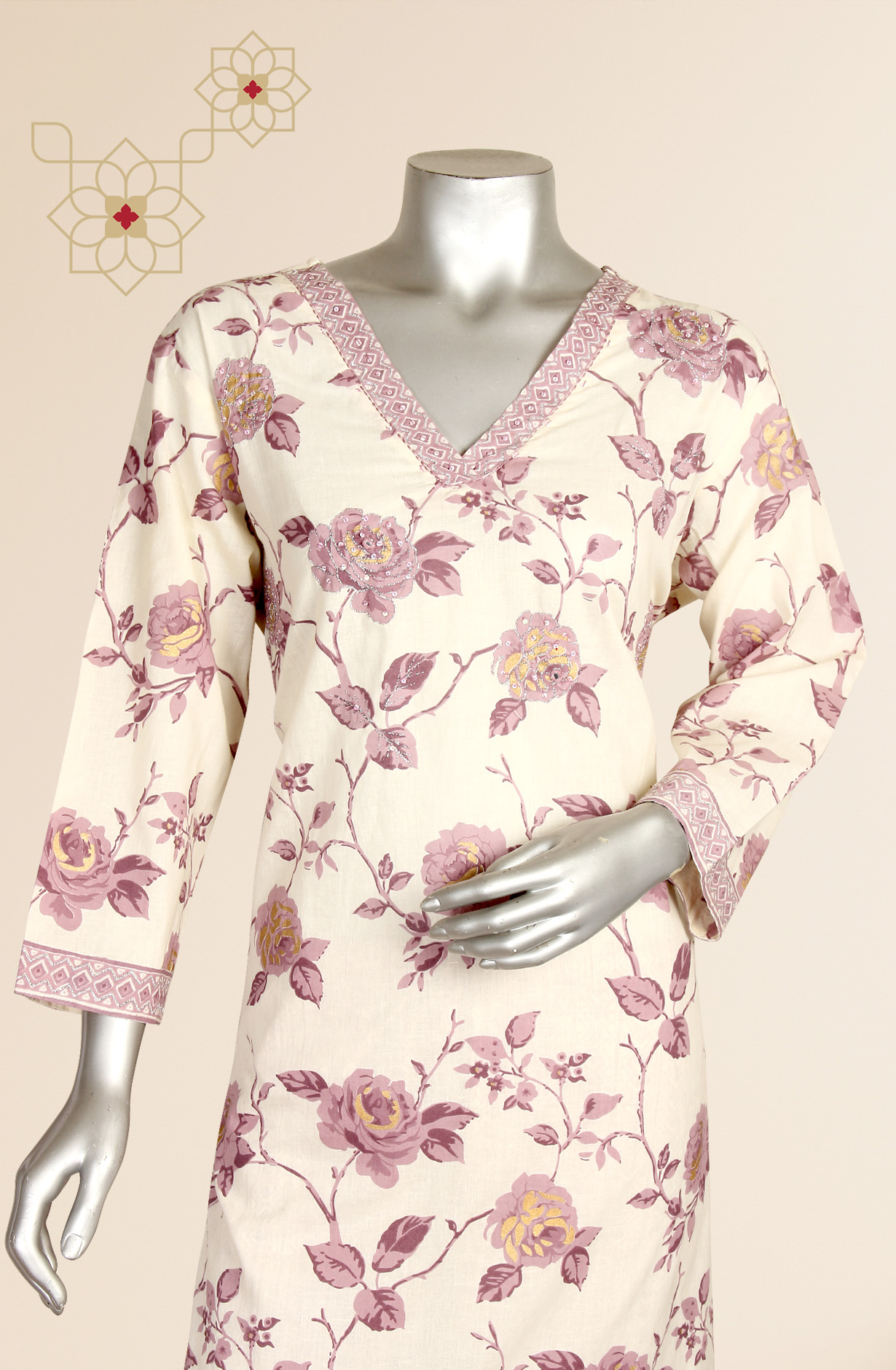 Cream and Mauve Printed Cotton Kurti with Pants - NAVEEN69140