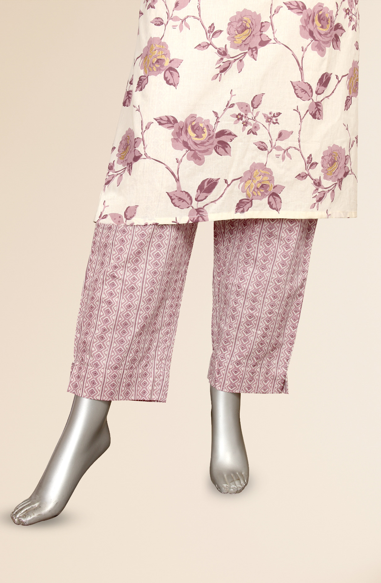 Cream and Mauve Printed Cotton Kurti with Pants - NAVEEN69140