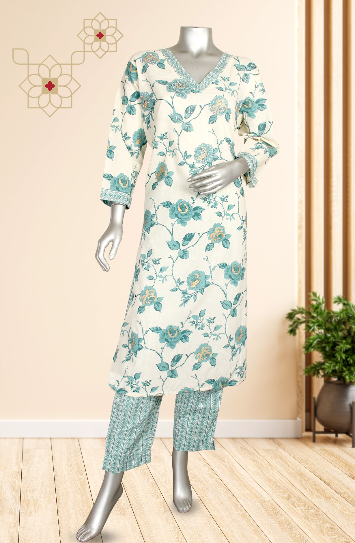 Cream and Pastel Green Printed Cotton Kurti with Pants - NAVEEN69140B