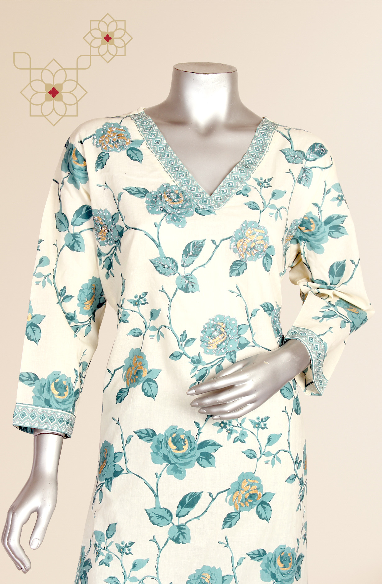 Cream and Pastel Green Printed Cotton Kurti with Pants - NAVEEN69140B