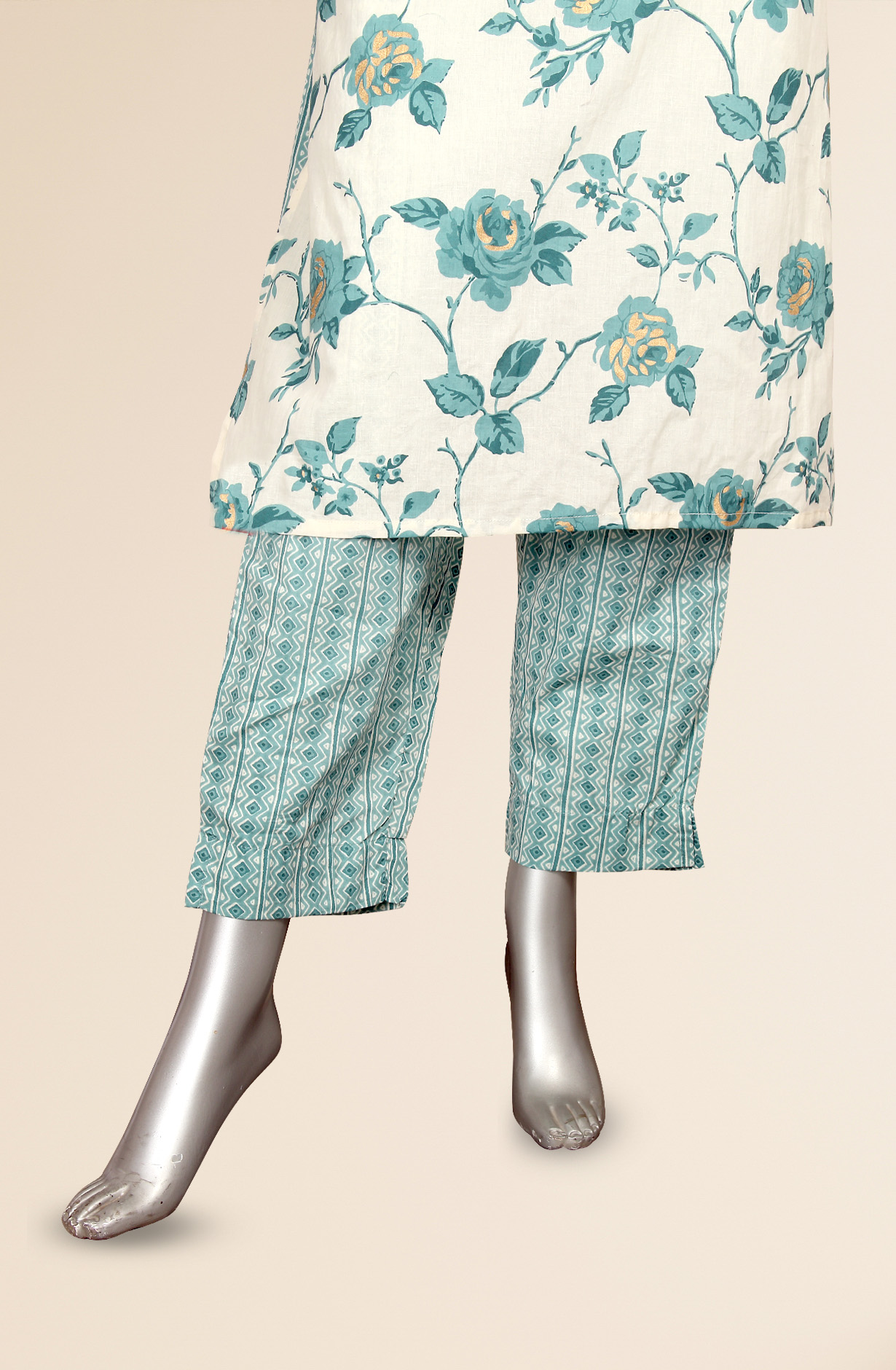 Cream and Pastel Green Printed Cotton Kurti with Pants - NAVEEN69140B