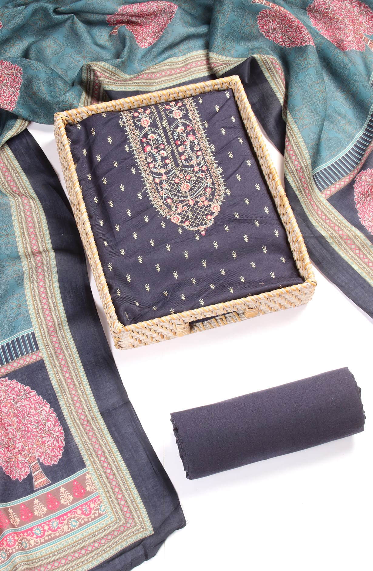 Navy Blue Pashmina Winterwear Unstitched Salwar Kameez - TAH304