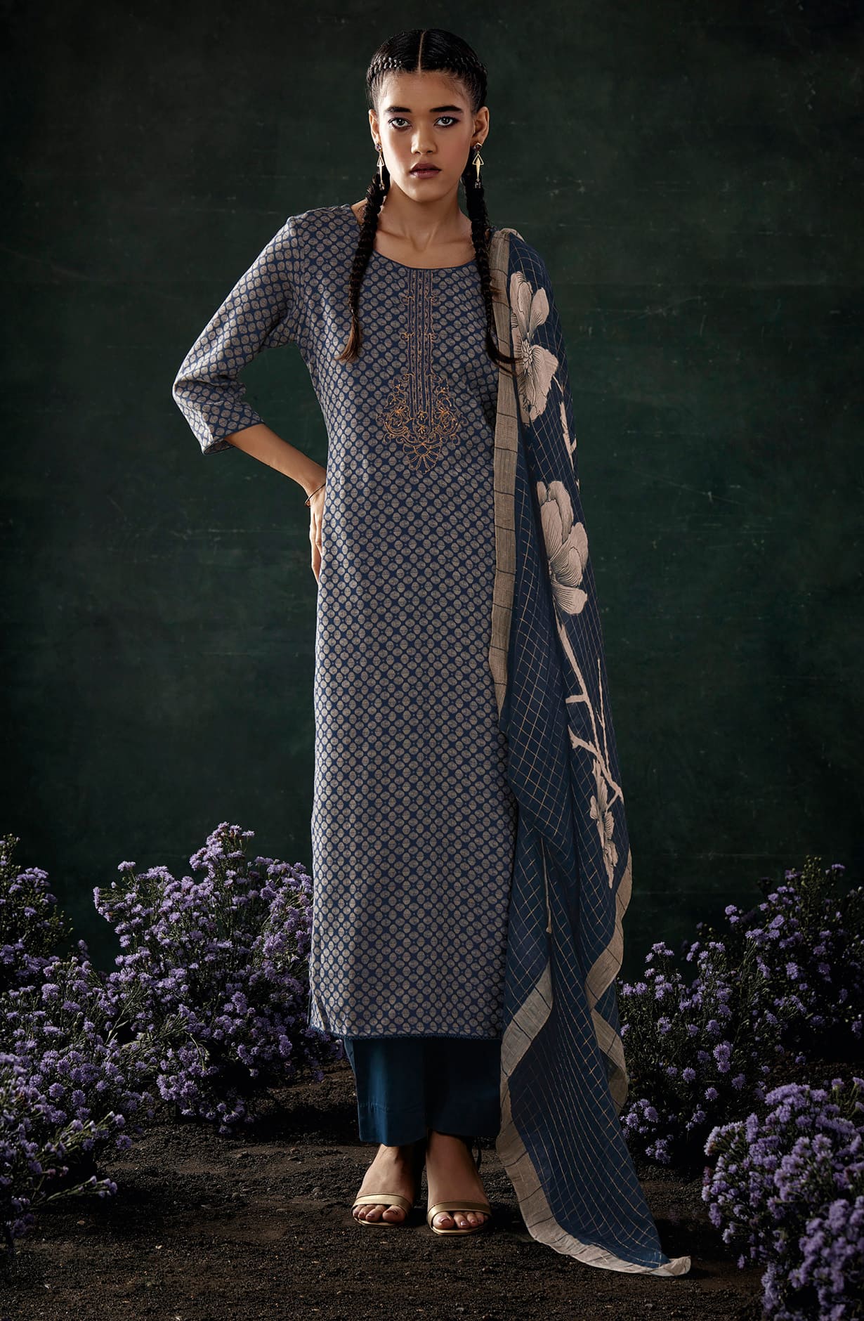 Navy Blue Spun Winterwear Printed Unstitched Salwar Kameez - ANAS1158A