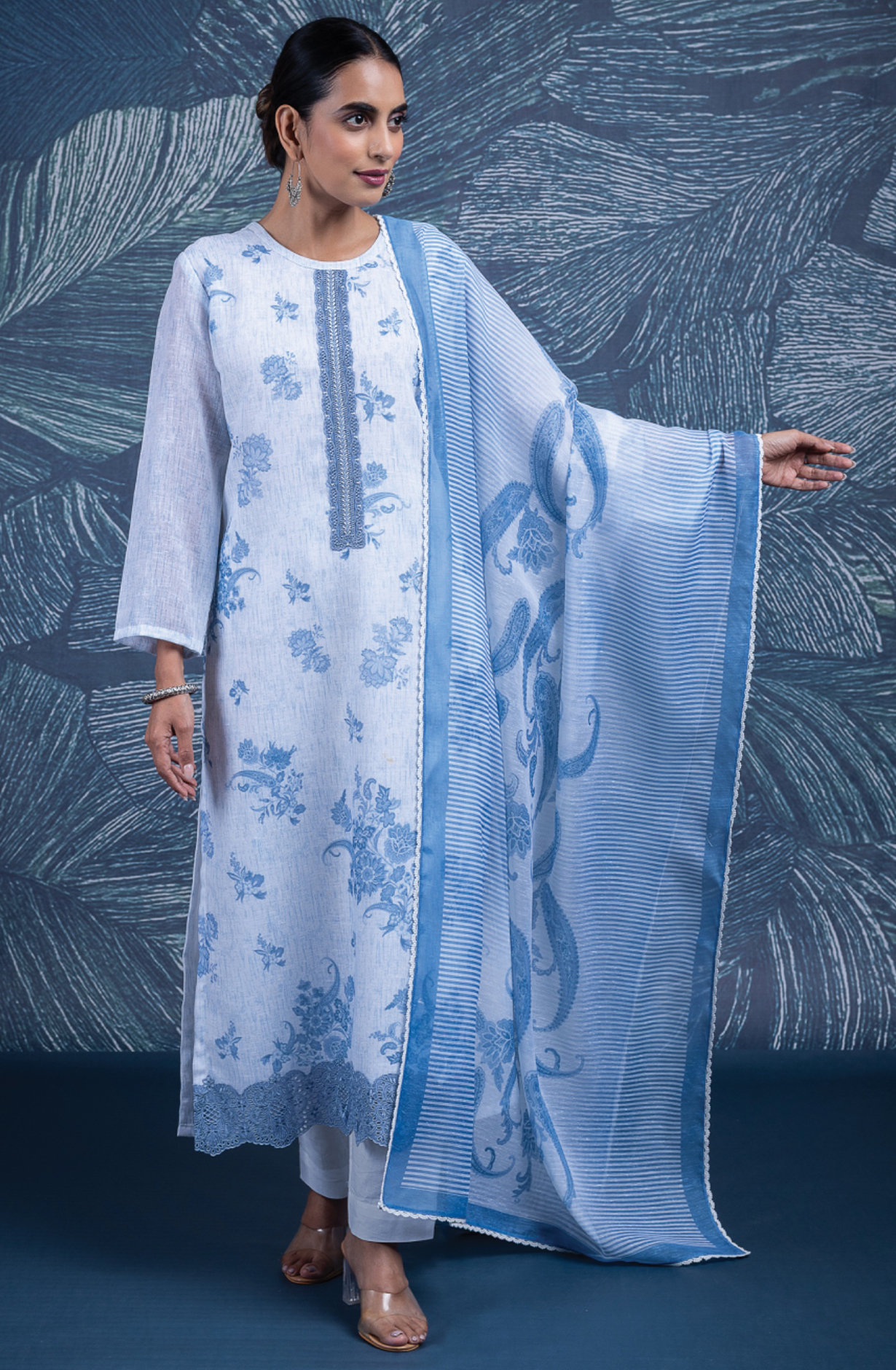 Blue Linen Digital Printed Suit Set with Dupatta -NAW2457A