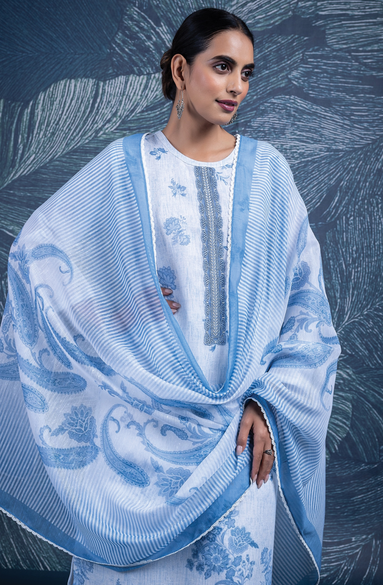 Blue Linen Digital Printed Suit Set with Dupatta -NAW2457A