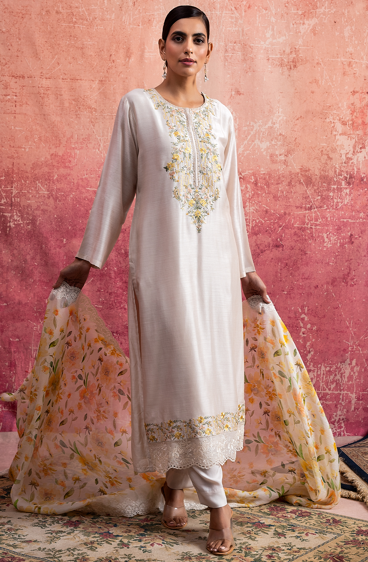 Beige Pure Muslin Embroidered Salwar Kameez with Organza Dupatta - NAY2159A