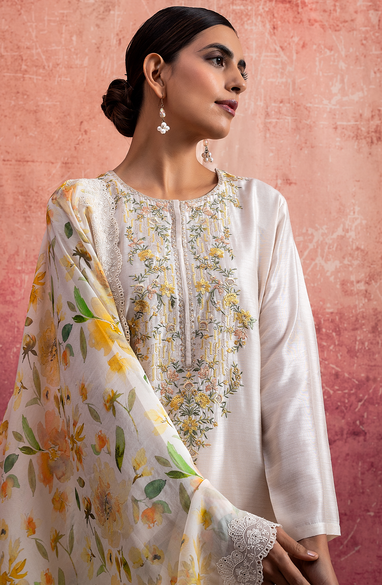 Beige Pure Muslin Embroidered Salwar Kameez with Organza Dupatta - NAY2159A