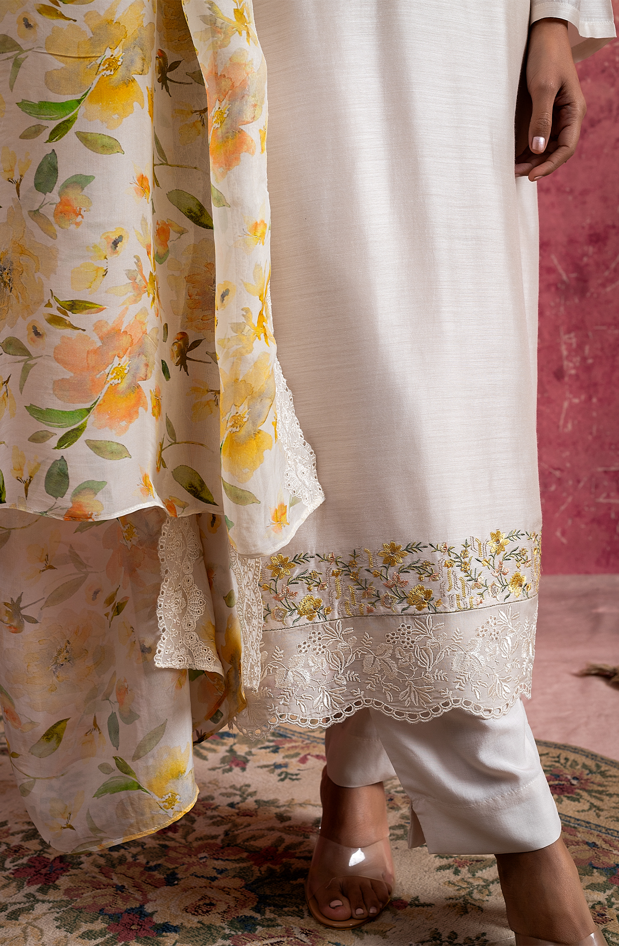 Beige Pure Muslin Embroidered Salwar Kameez with Organza Dupatta - NAY2159A