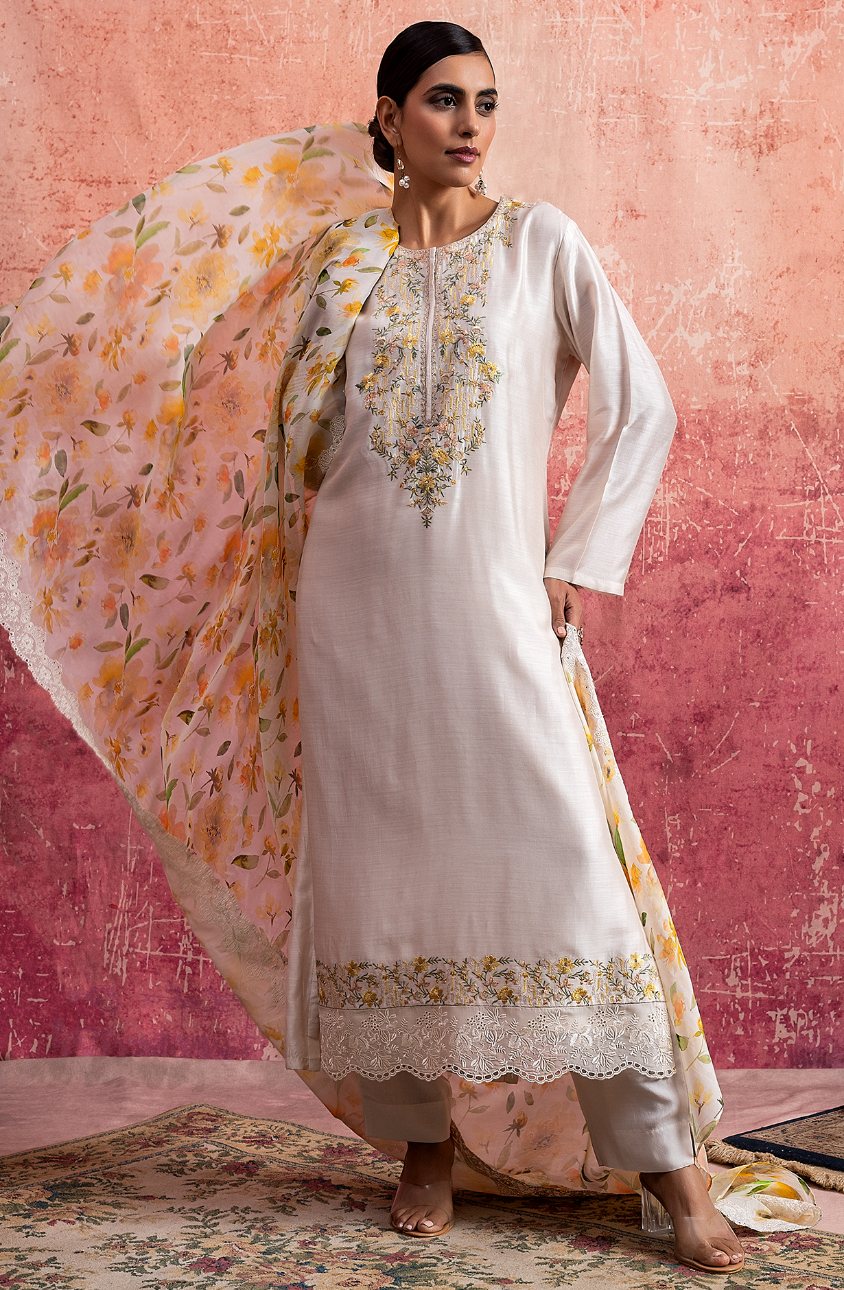 Beige Pure Muslin Embroidered Salwar Kameez with Organza Dupatta - NAY2159A