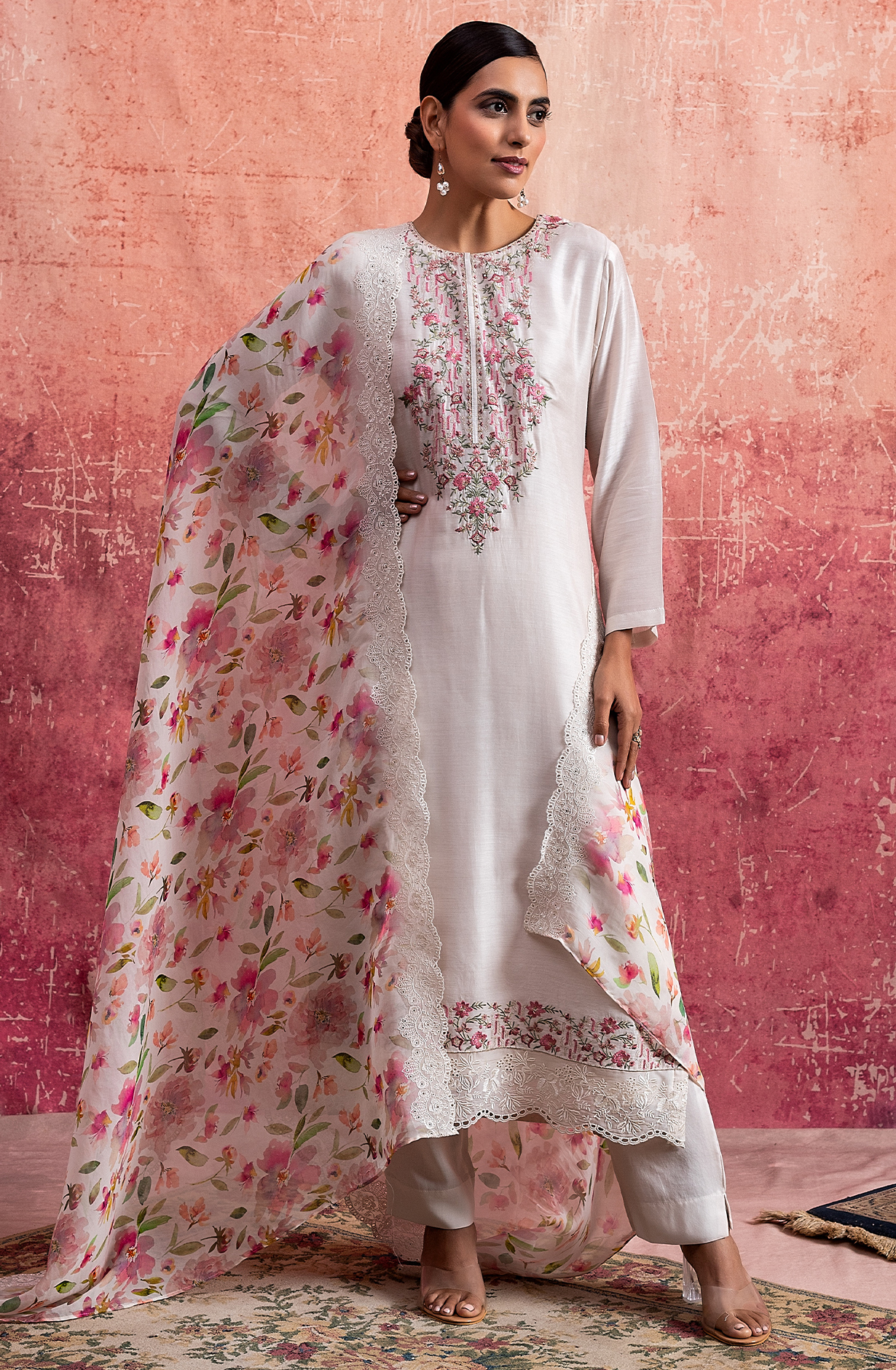 Beige Pure Muslin Embroidered Salwar Suit with Organza Dupatta - NAY2159B