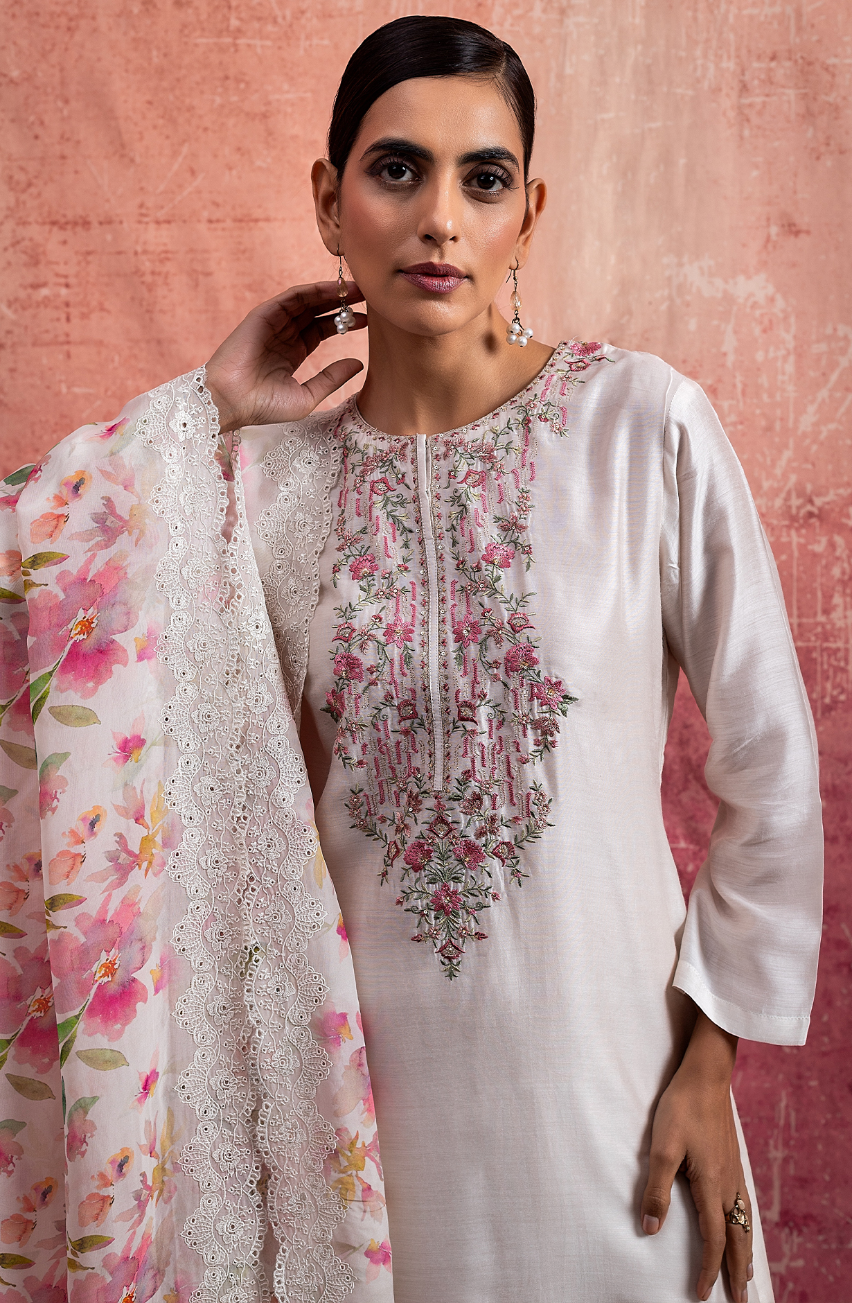 Beige Pure Muslin Embroidered Salwar Suit with Organza Dupatta - NAY2159B