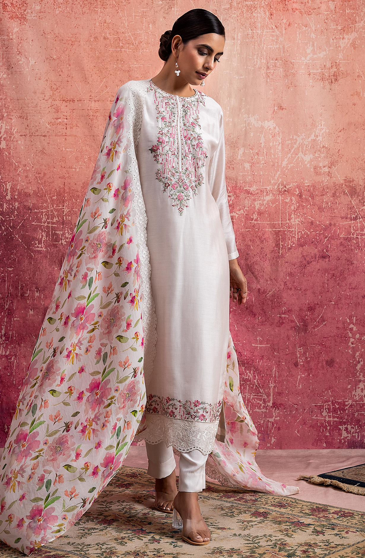 Beige Pure Muslin Embroidered Salwar Suit with Organza Dupatta - NAY2159B