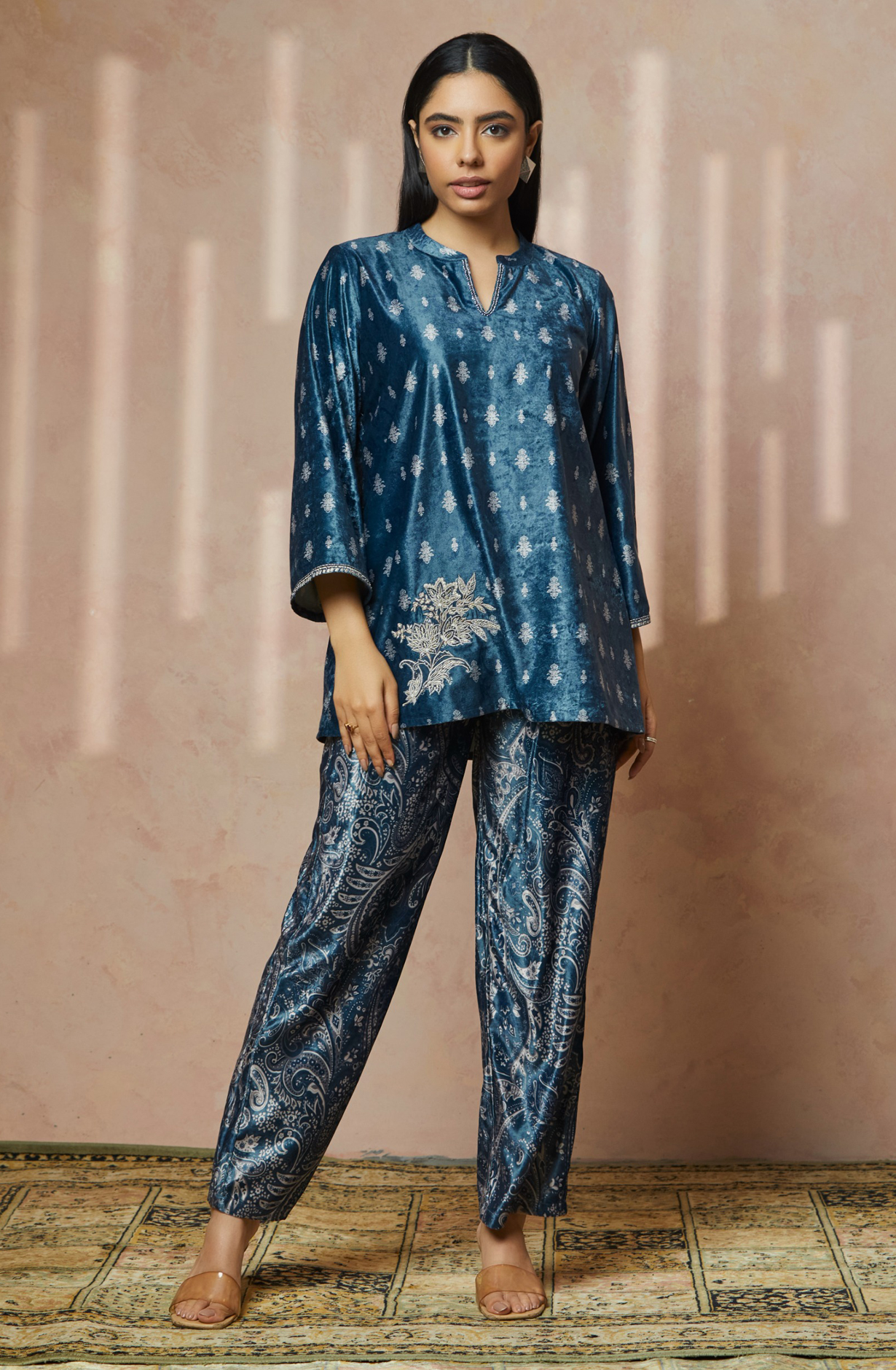 Royal Paisley Women Blue Velvet Co-ord Set - NCDS014A - Available Size L to XXL