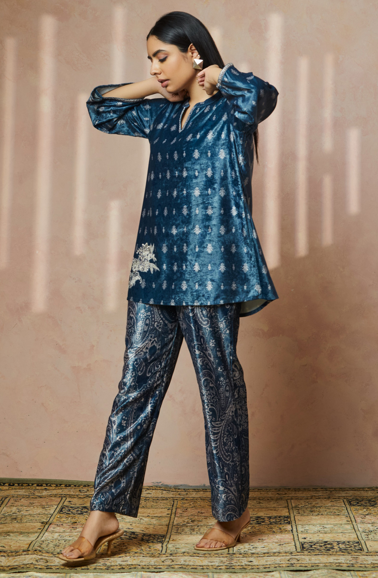 Royal Paisley Women Blue Velvet Co-ord Set - NCDS014A - Available Size L to XXL