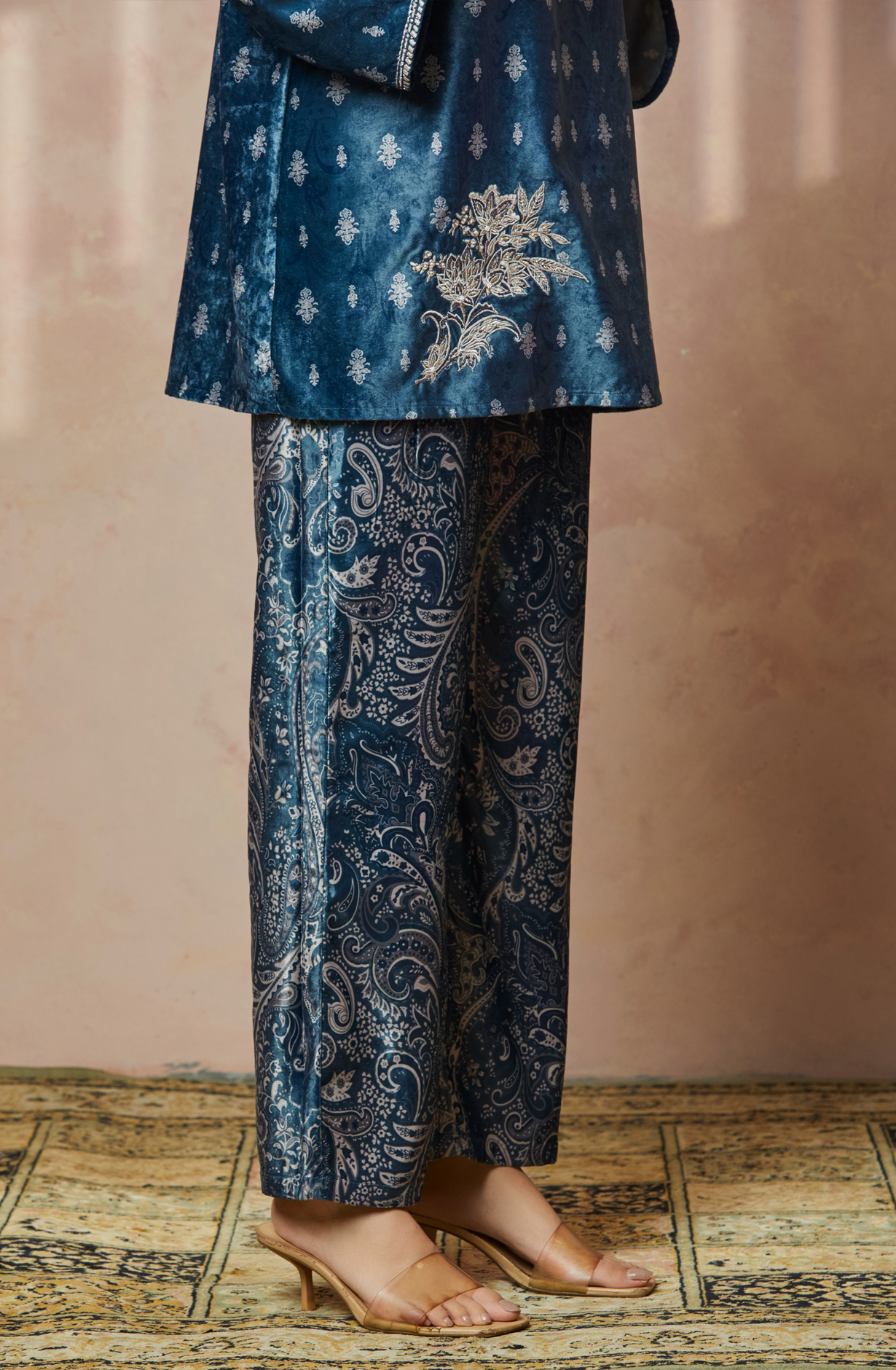 Royal Paisley Women Blue Velvet Co-ord Set - NCDS014A - Available Size L to XXL