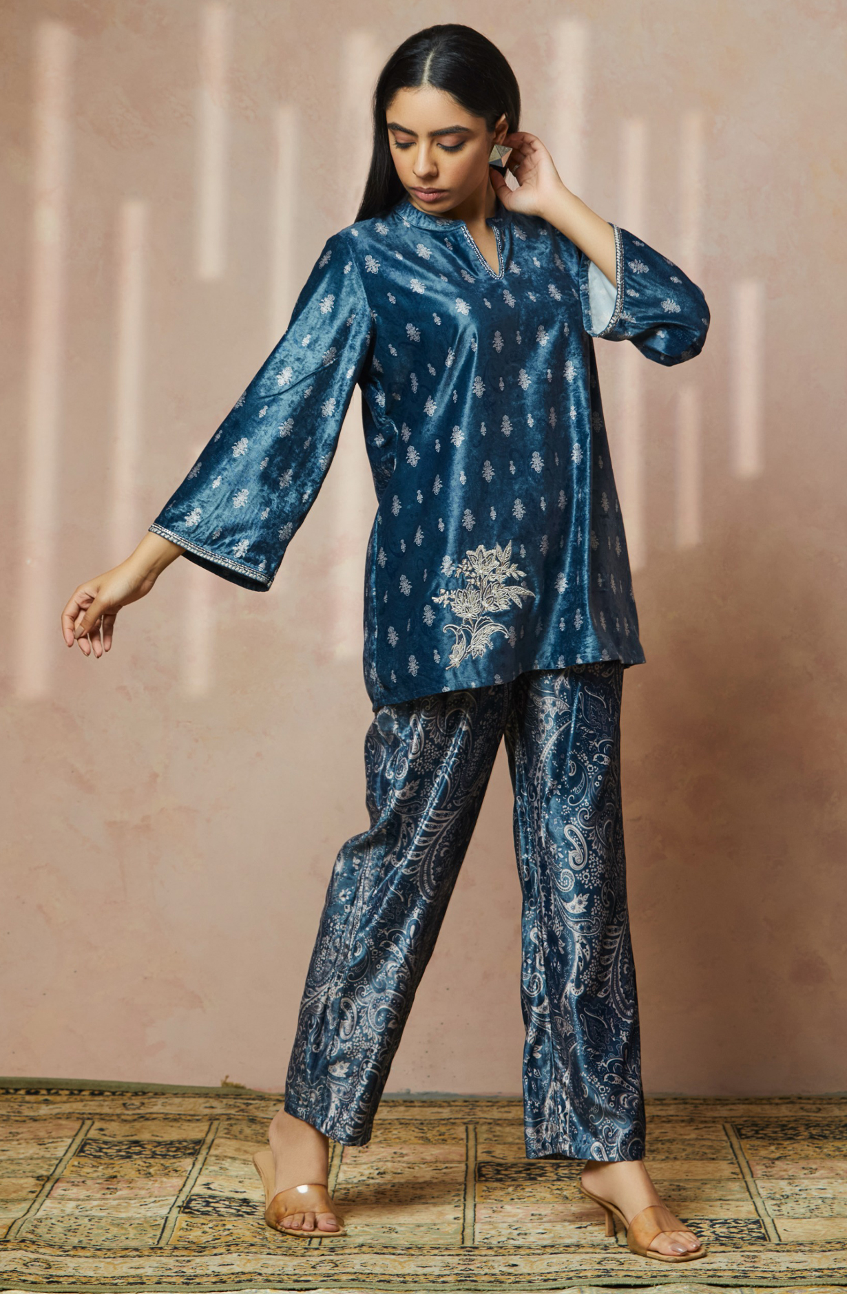 Royal Paisley Women Blue Velvet Co-ord Set - NCDS014A - Available Size L to XXL