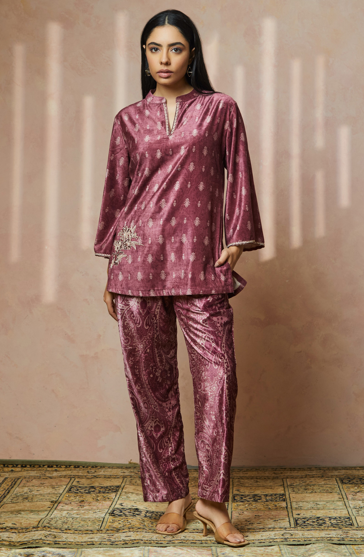Mystic Paisley Mauve Velvet Co-ord Set - NCDS040A - Available Size L to XXL