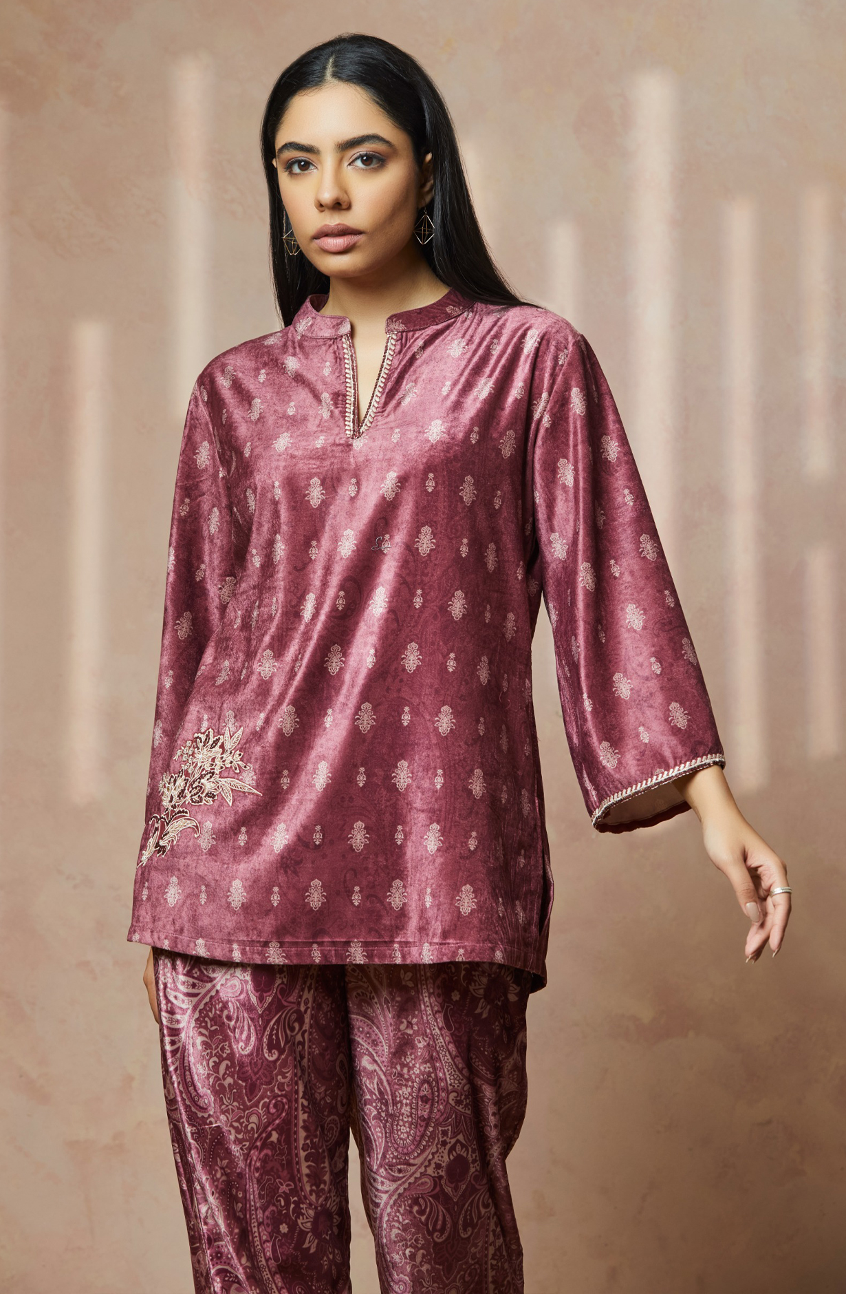 Mystic Paisley Mauve Velvet Co-ord Set - NCDS040A - Available Size L to XXL
