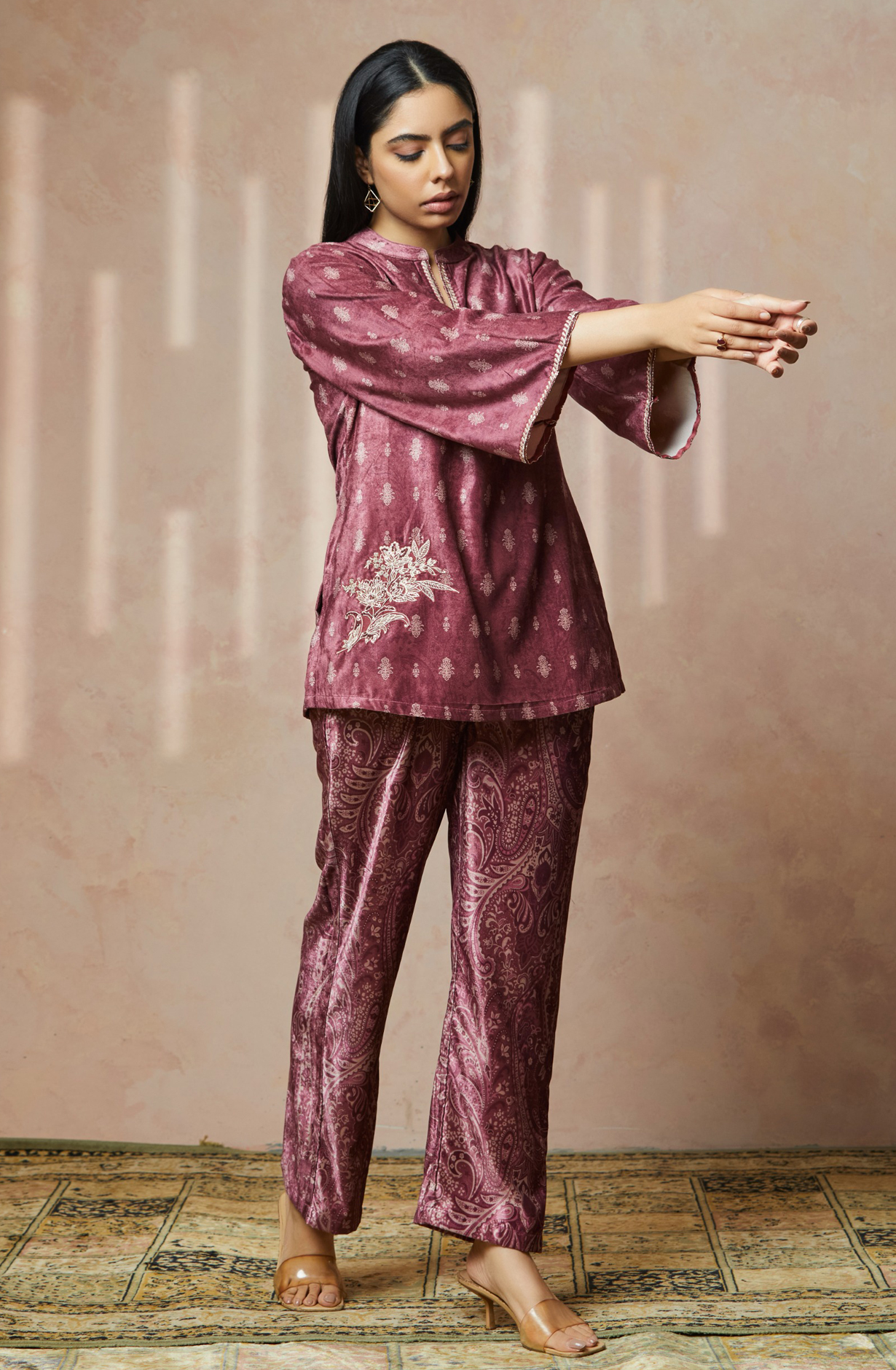 Mystic Paisley Mauve Velvet Co-ord Set - NCDS040A - Available Size L to XXL