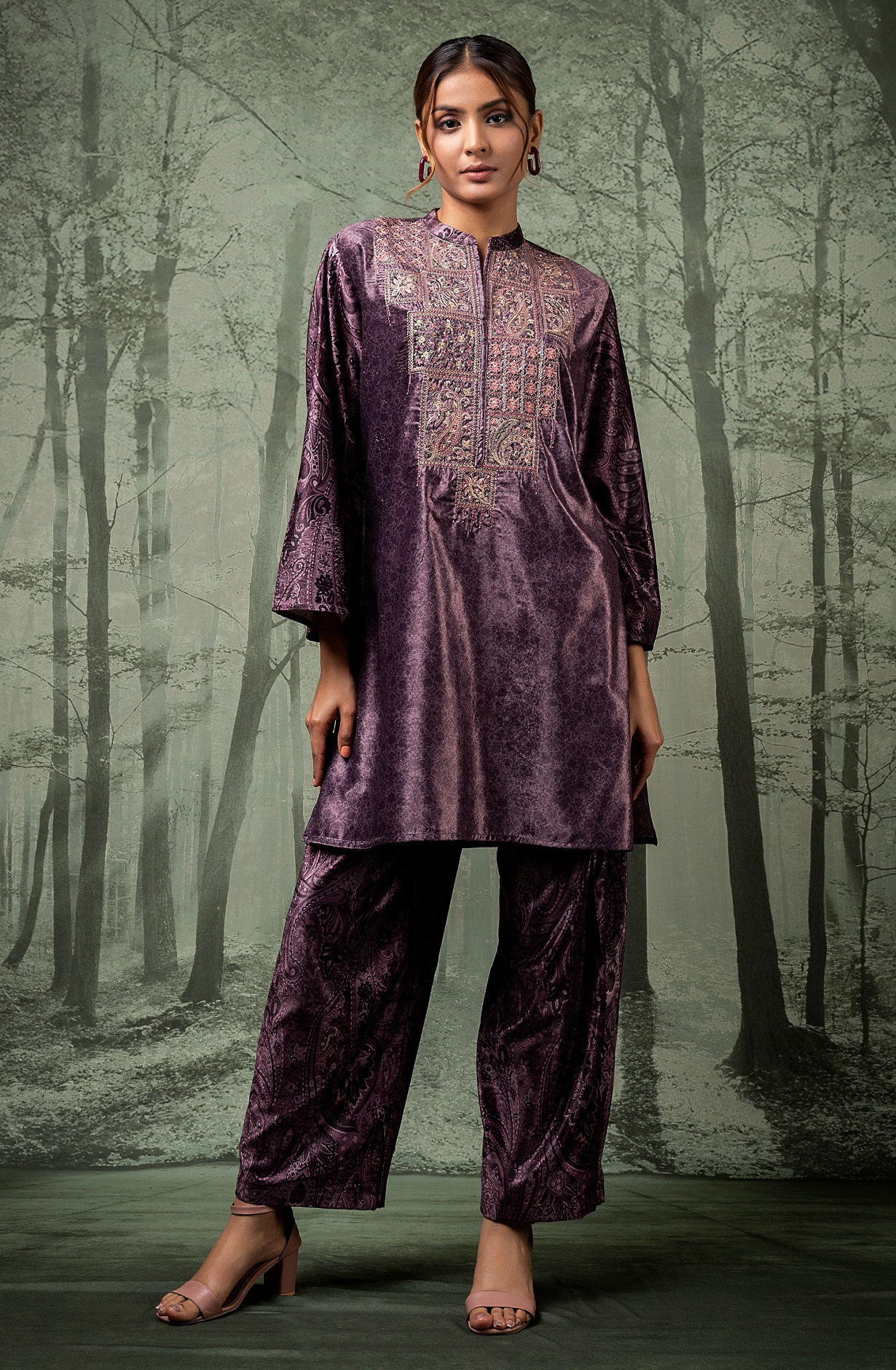 Women Purple Velvet Mosaic Co-ord Set - NCDS041A - Available Size L to XXL