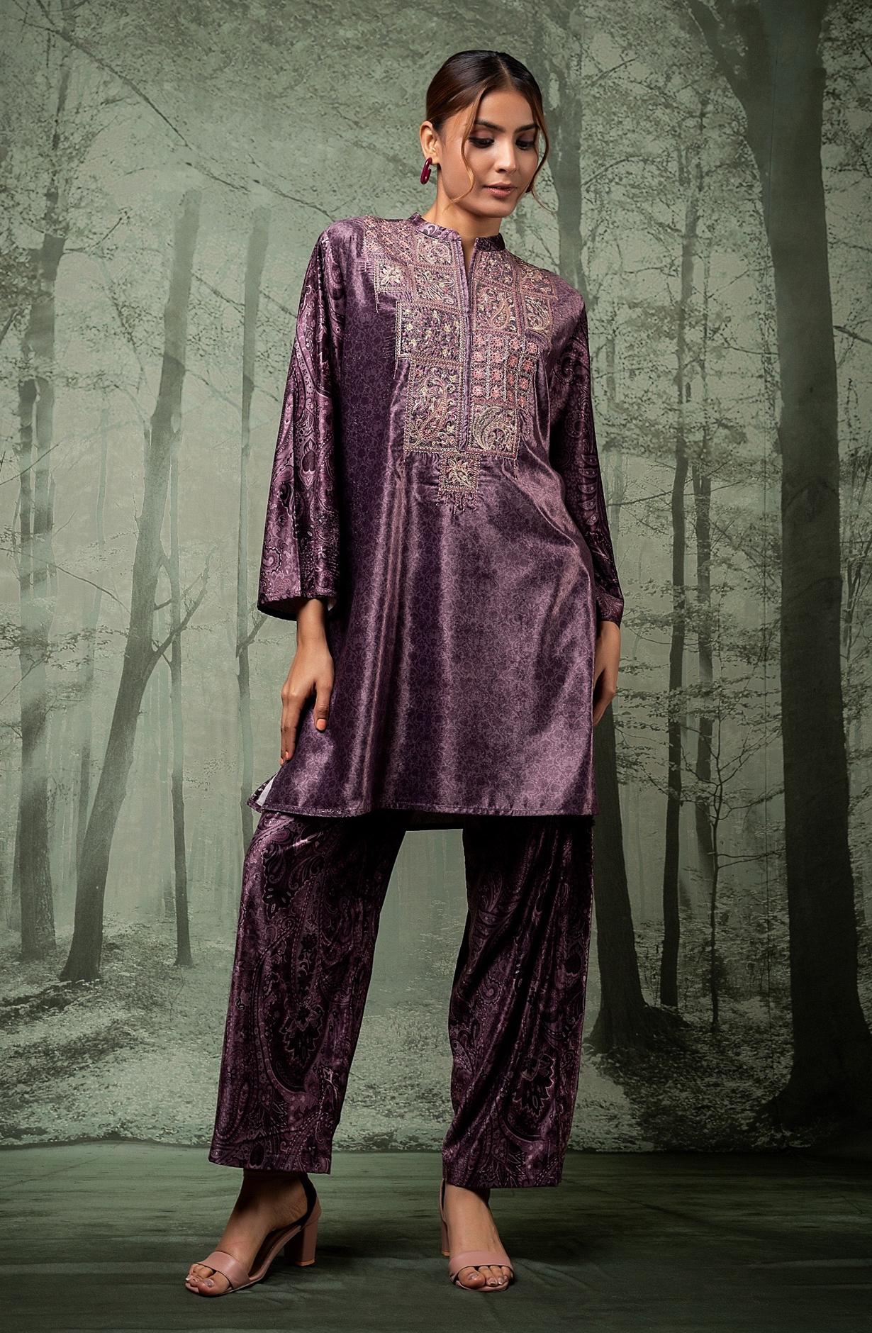 Women Purple Velvet Mosaic Co-ord Set - NCDS041A - Available Size L to XXL