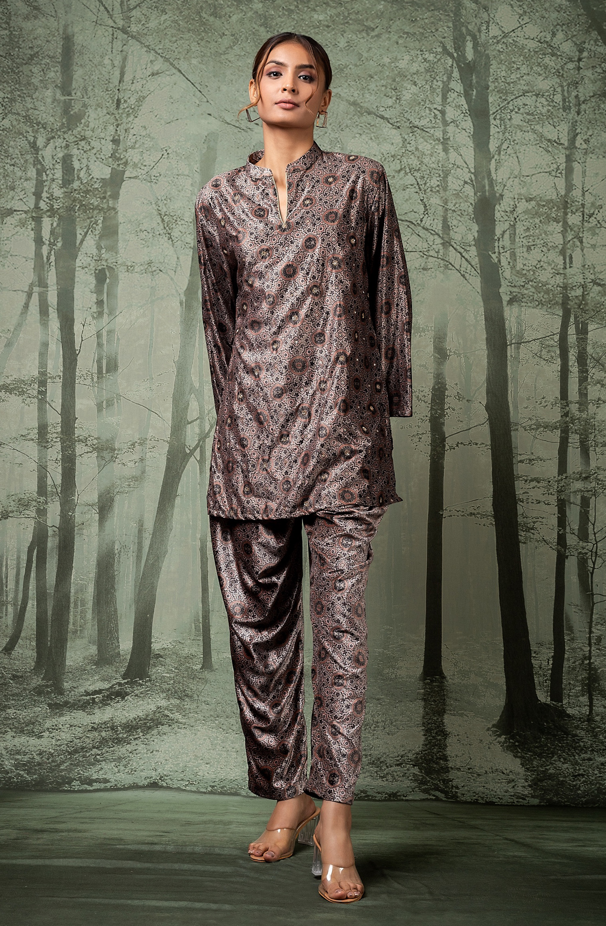 Ajrak Velour Mauve Velvet Co-ord Set - NCDS048A - Available Size L to XXL