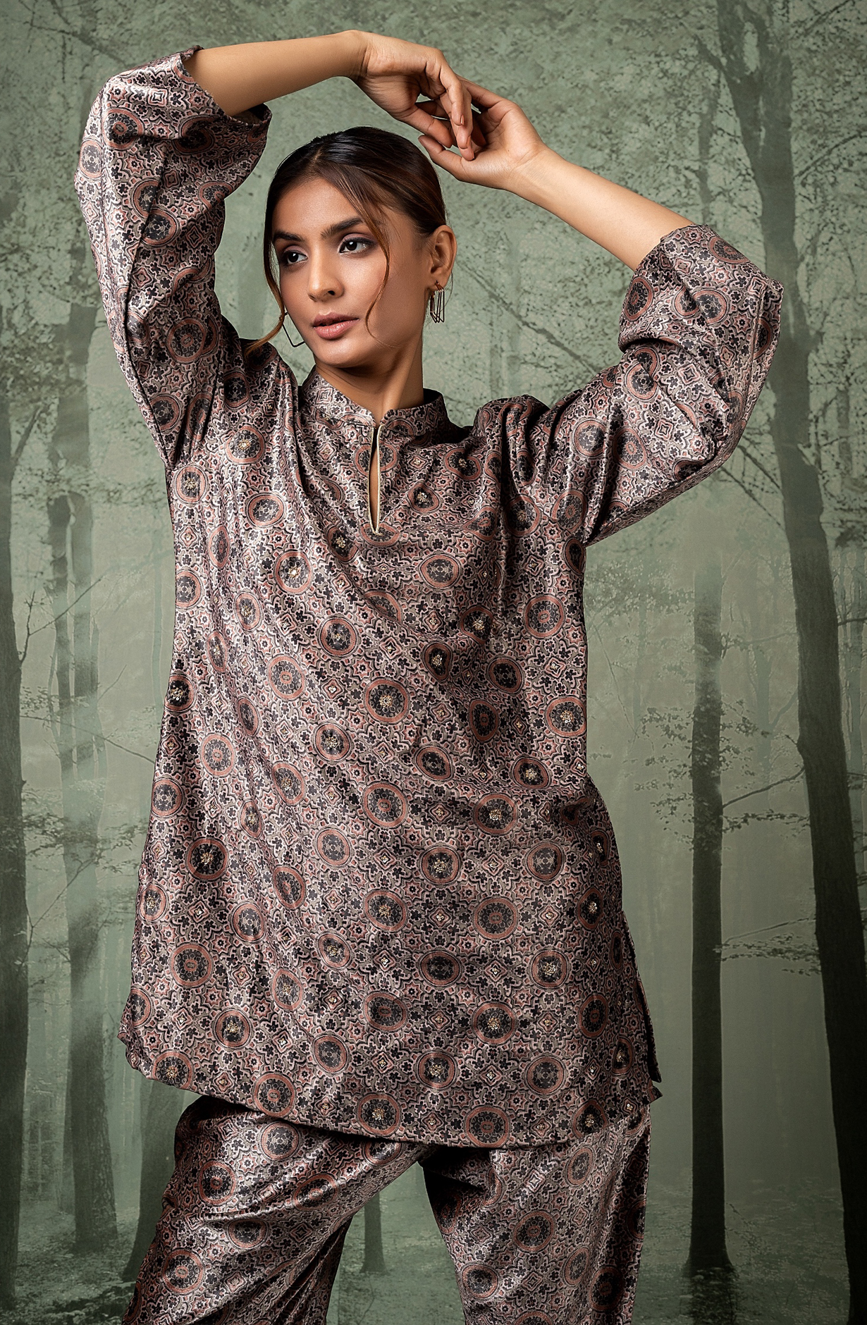 Ajrak Velour Mauve Velvet Co-ord Set - NCDS048A - Available Size L to XXL