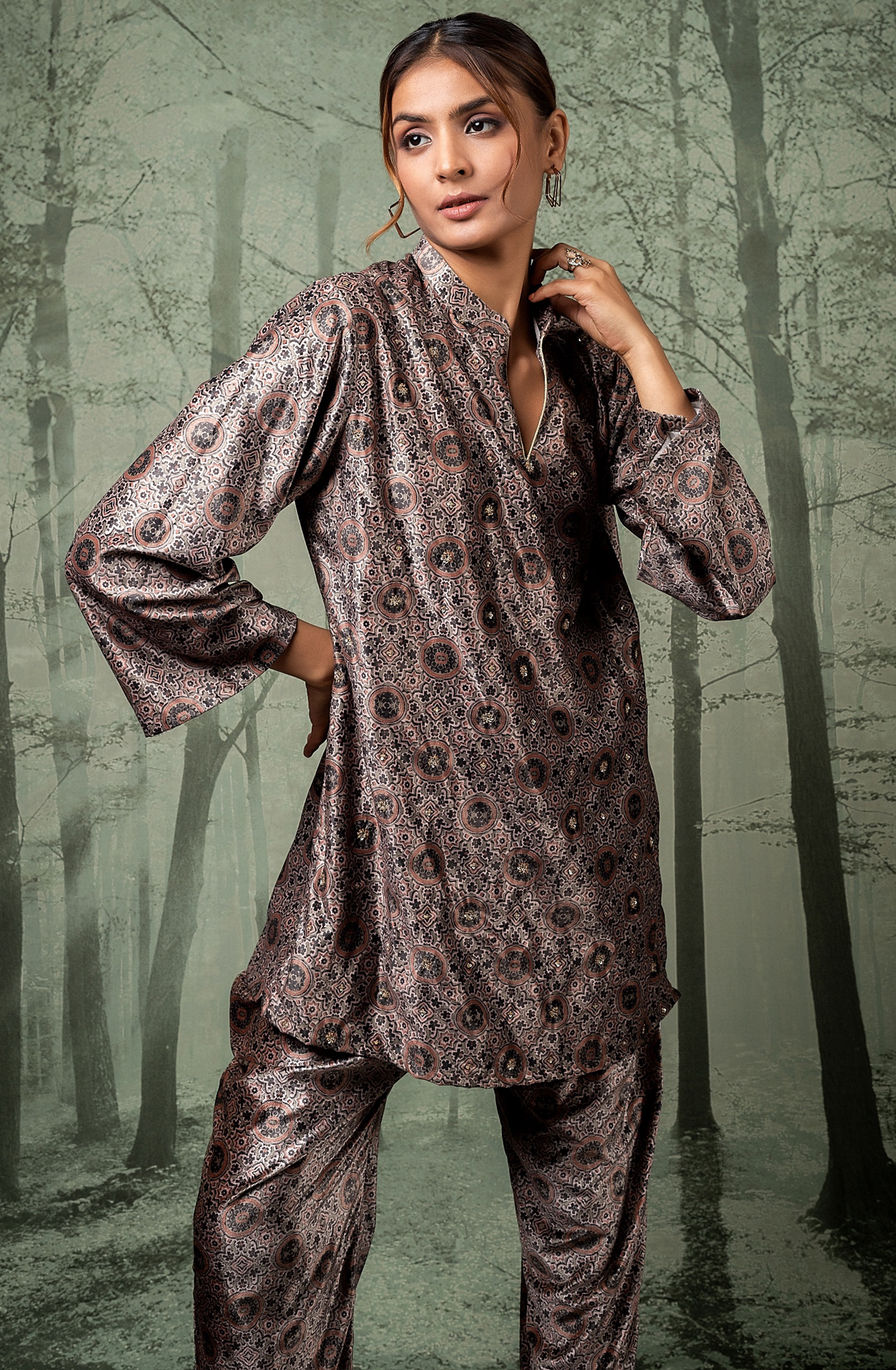 Ajrak Velour Mauve Velvet Co-ord Set - NCDS048A - Available Size L to XXL