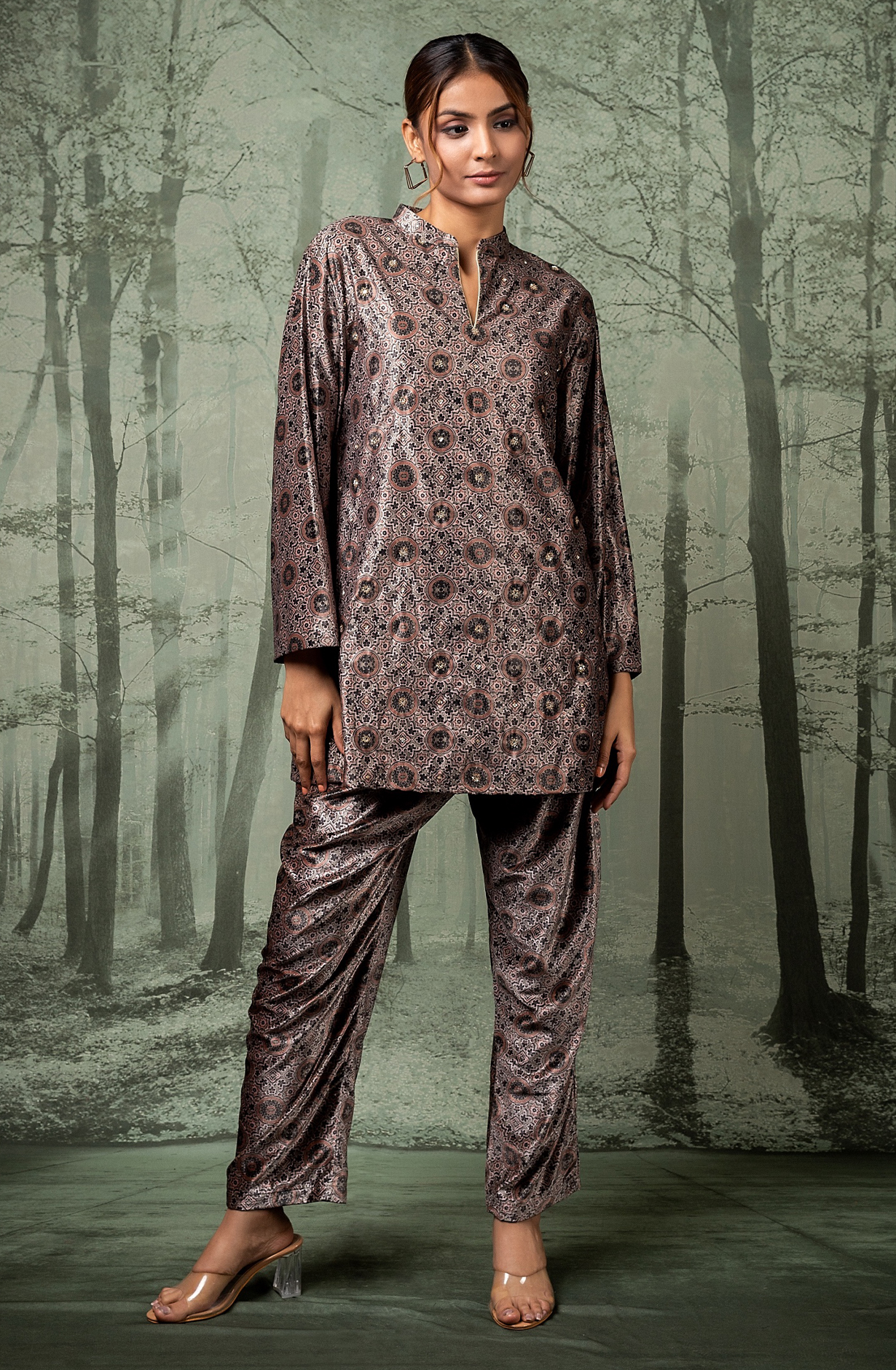 Ajrak Velour Mauve Velvet Co-ord Set - NCDS048A - Available Size L to XXL
