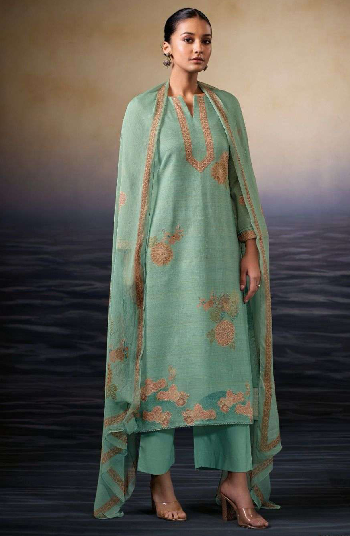 Green Cotton Suit Set with Chiffon Dupatta  - NEVS3508A