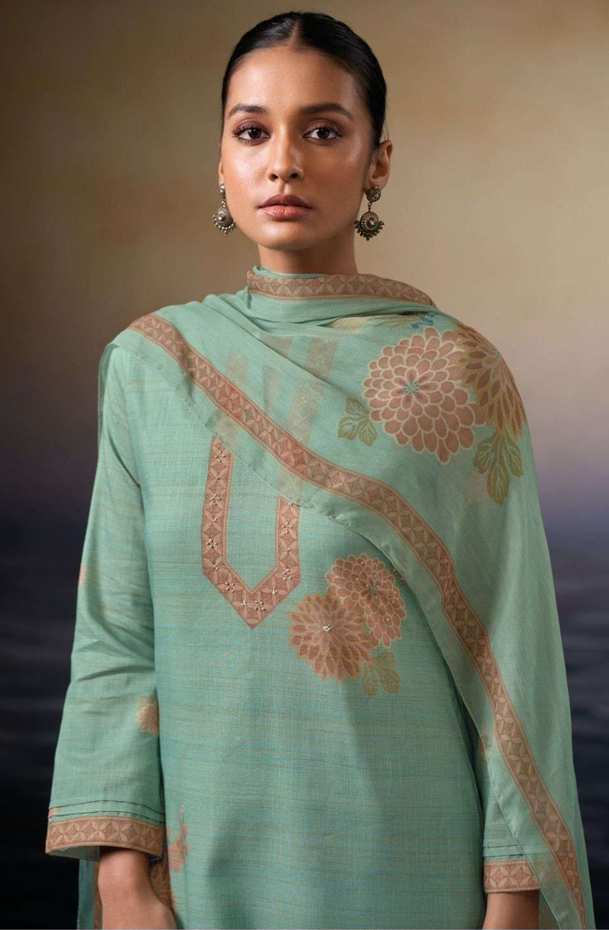 Green Cotton Suit Set with Chiffon Dupatta  - NEVS3508A