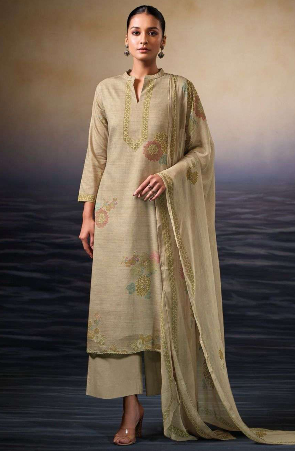 Brown Cotton Suit Set with Chiffon Dupatta  - NEVS3508B