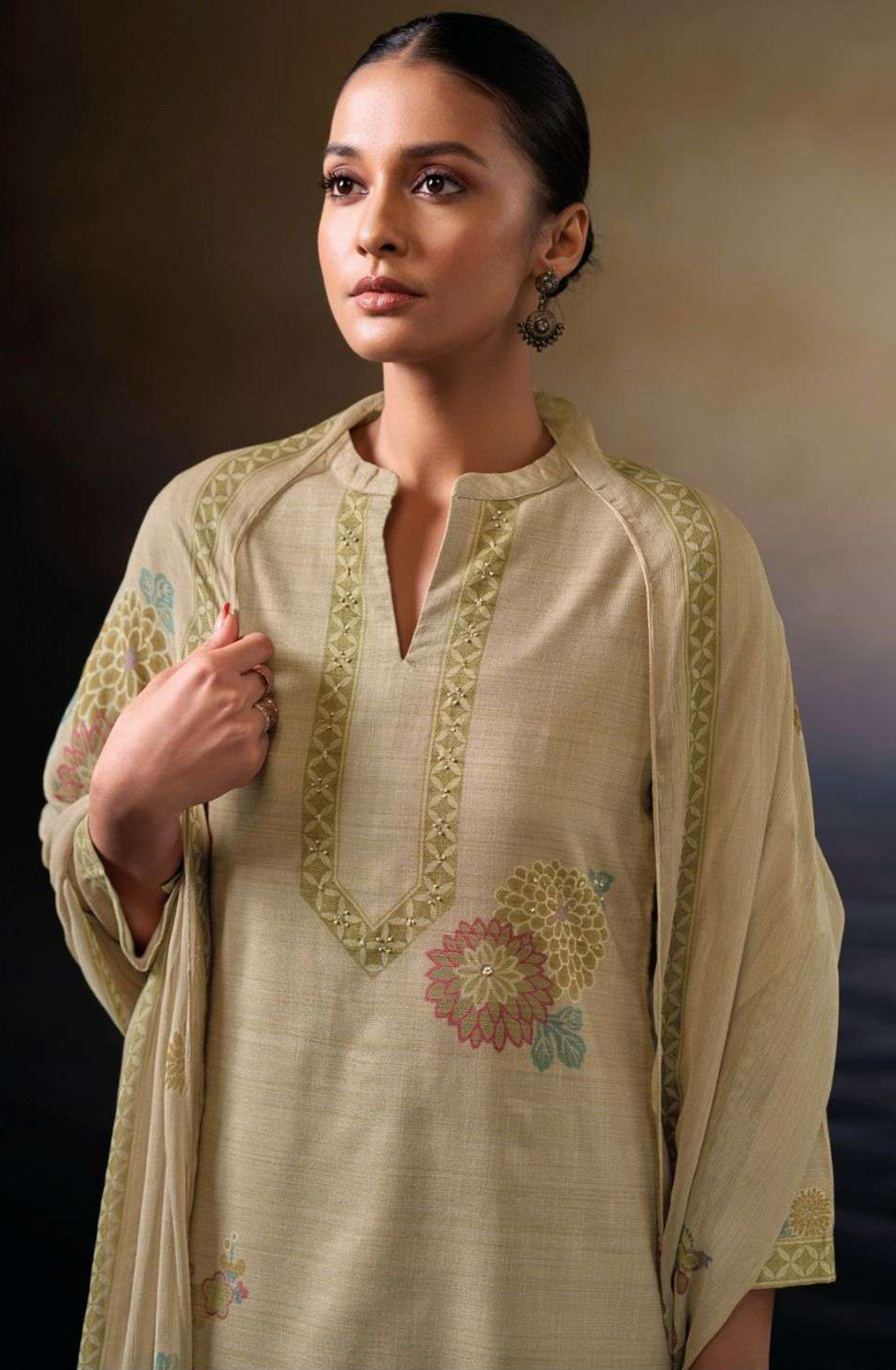 Brown Cotton Suit Set with Chiffon Dupatta  - NEVS3508B