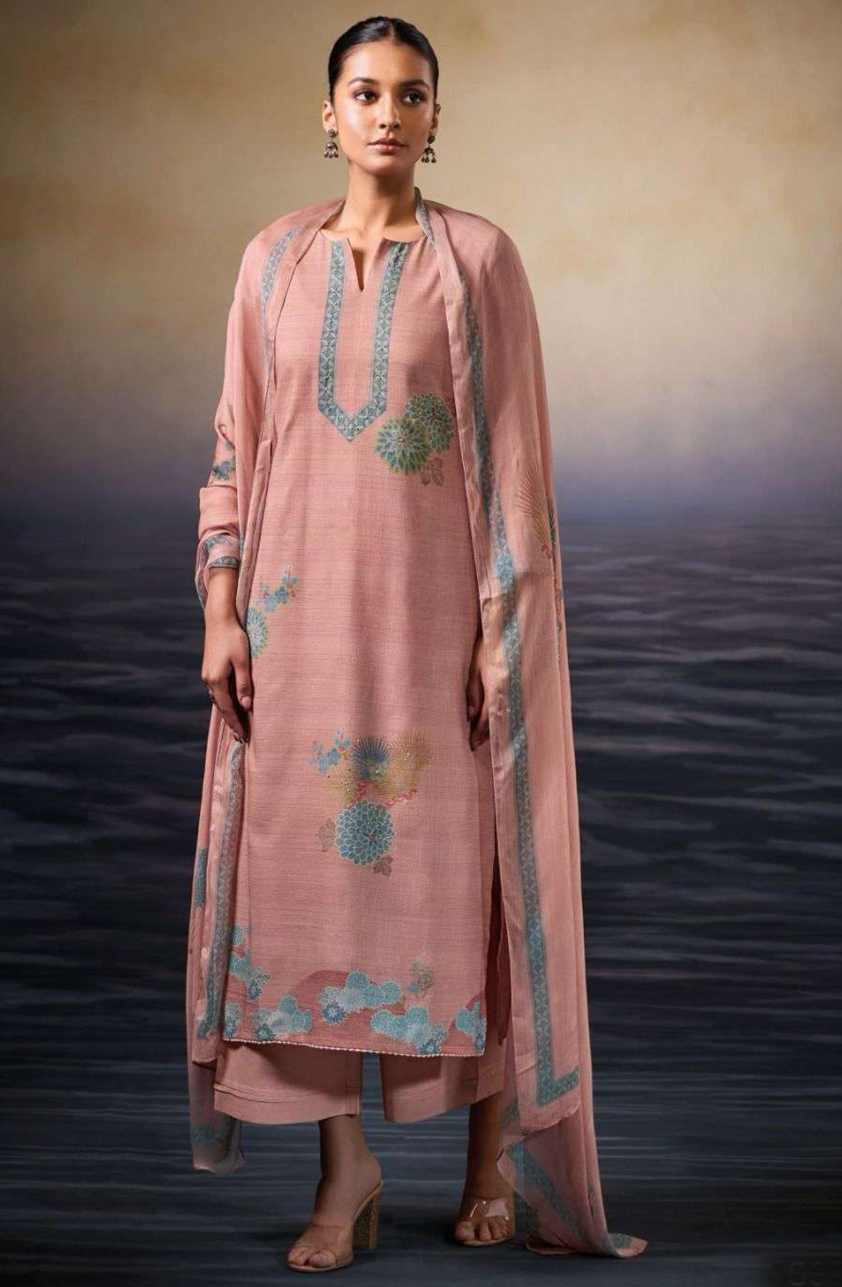 Mauve Cotton Suit Set with Chiffon Dupatta  - NEVS3508C