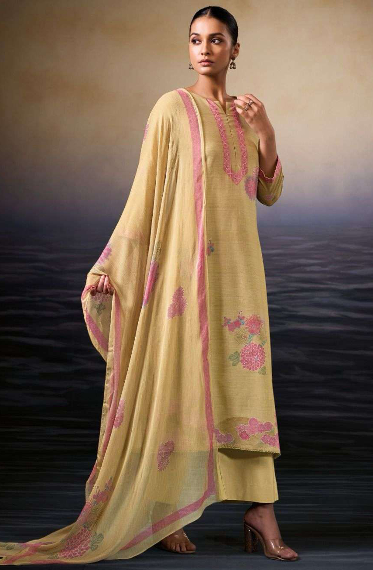 Mustard Cotton Suit Set with Chiffon Dupatta  - NEVS3508D