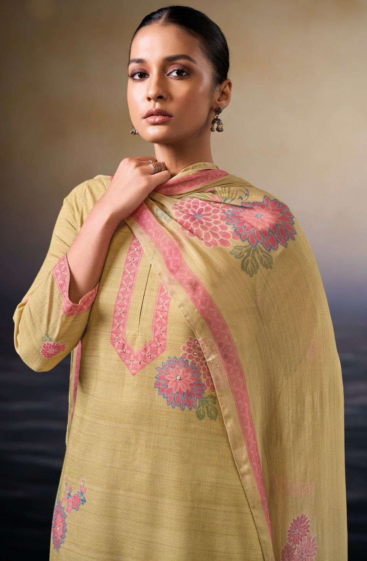 Mustard Cotton Suit Set with Chiffon Dupatta  - NEVS3508D