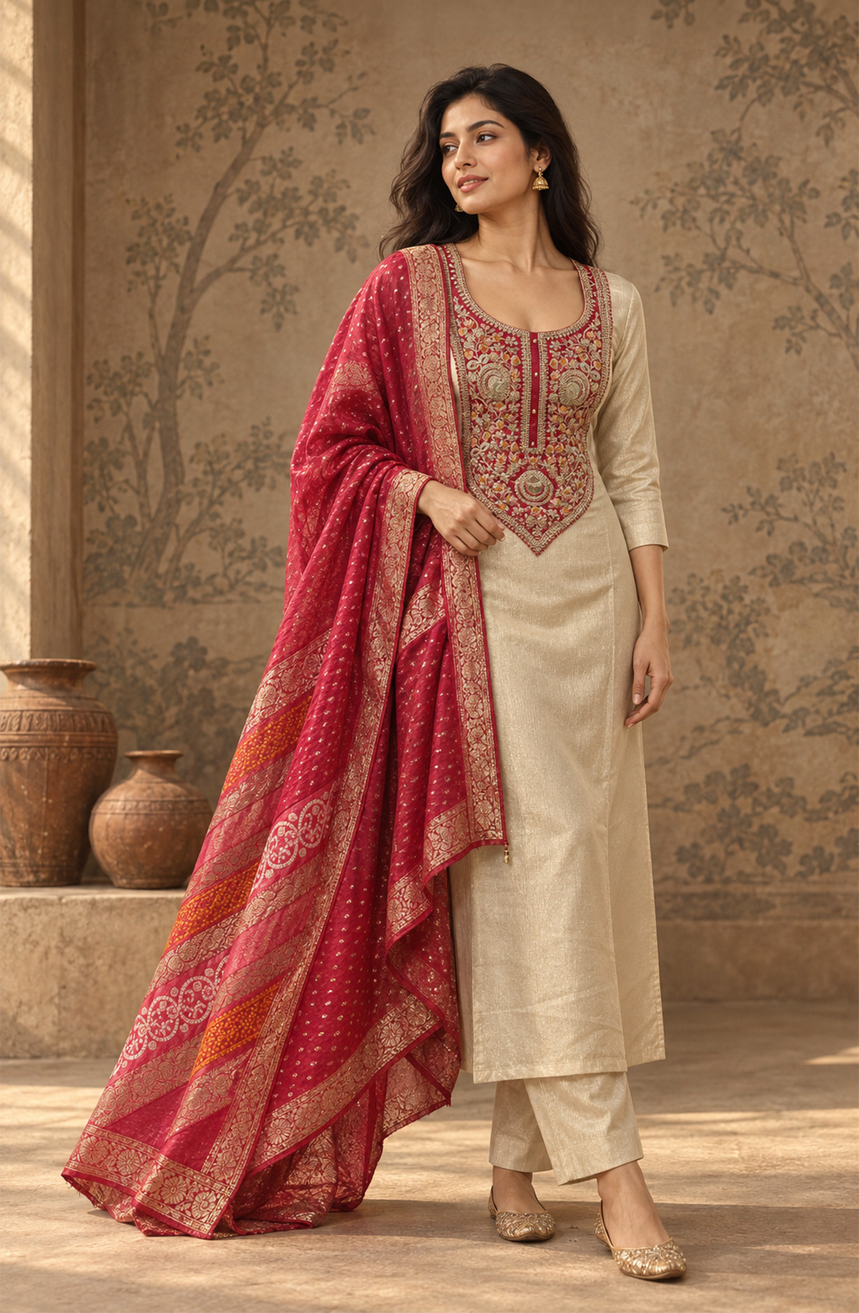 Beige Premium Silk Unstitched Suit Set with Beautiful Dupatta - 131-NAR2603