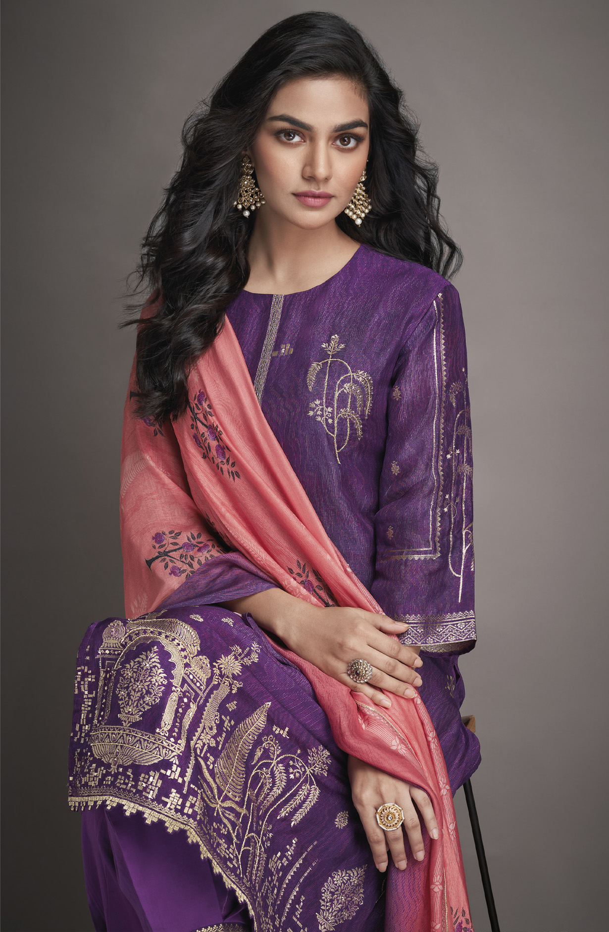 Beautiful Purple Silk Jacquard Festive Suit-set - NIC2281A