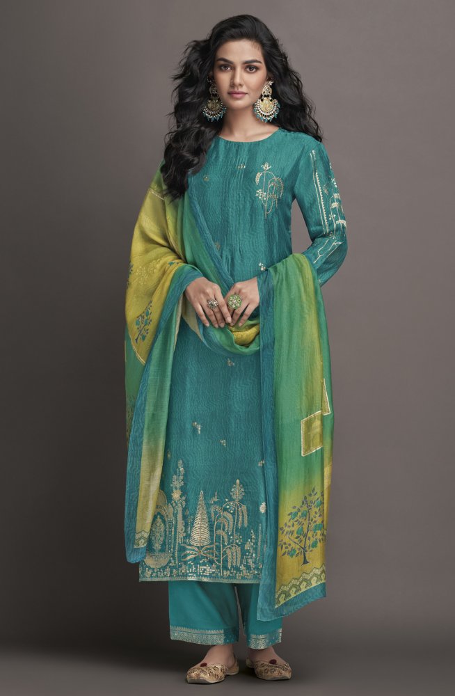 Firozi Chinon Party Wear Straight Suit with Hand embroidery Work on Neck & Sleeves main image 1