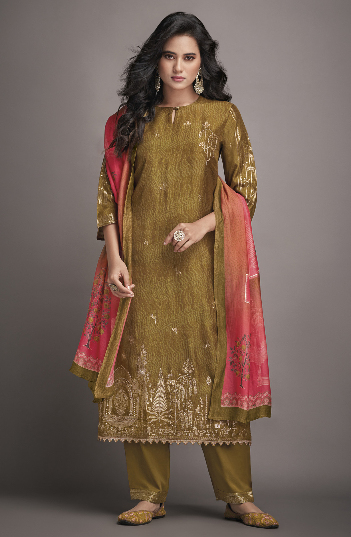 Beautiful Mehndi Silk Jacquard Festive Suit-set - NIC2281D