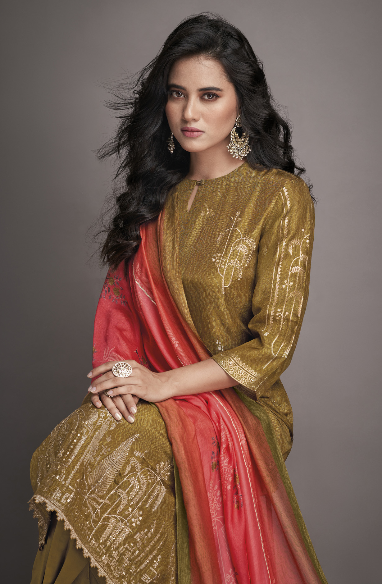 Beautiful Mehndi Silk Jacquard Festive Suit-set - NIC2281D