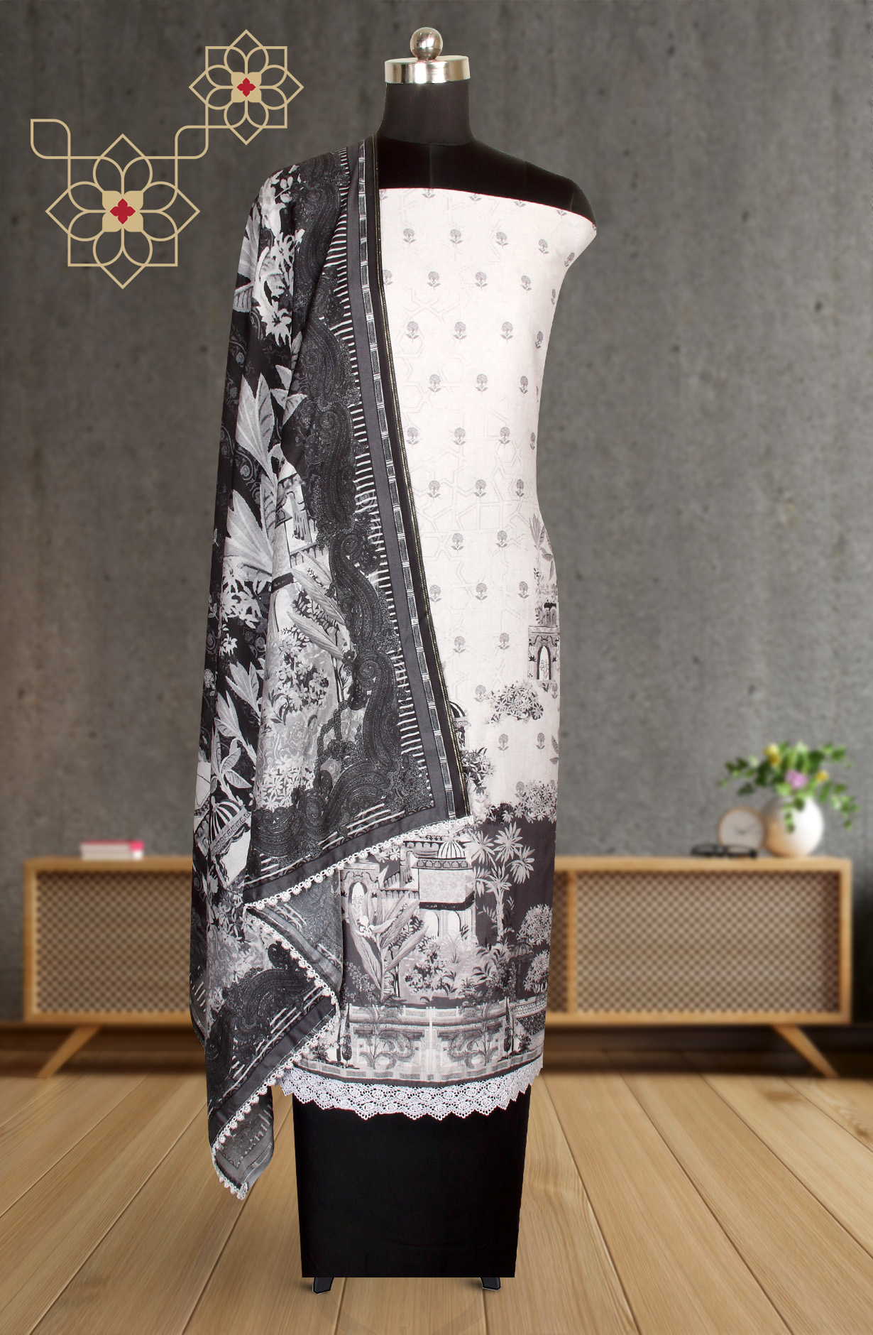 Black and Grey Pashmina Winter Wear Unstitched Salwar Kameez - NIH1812A