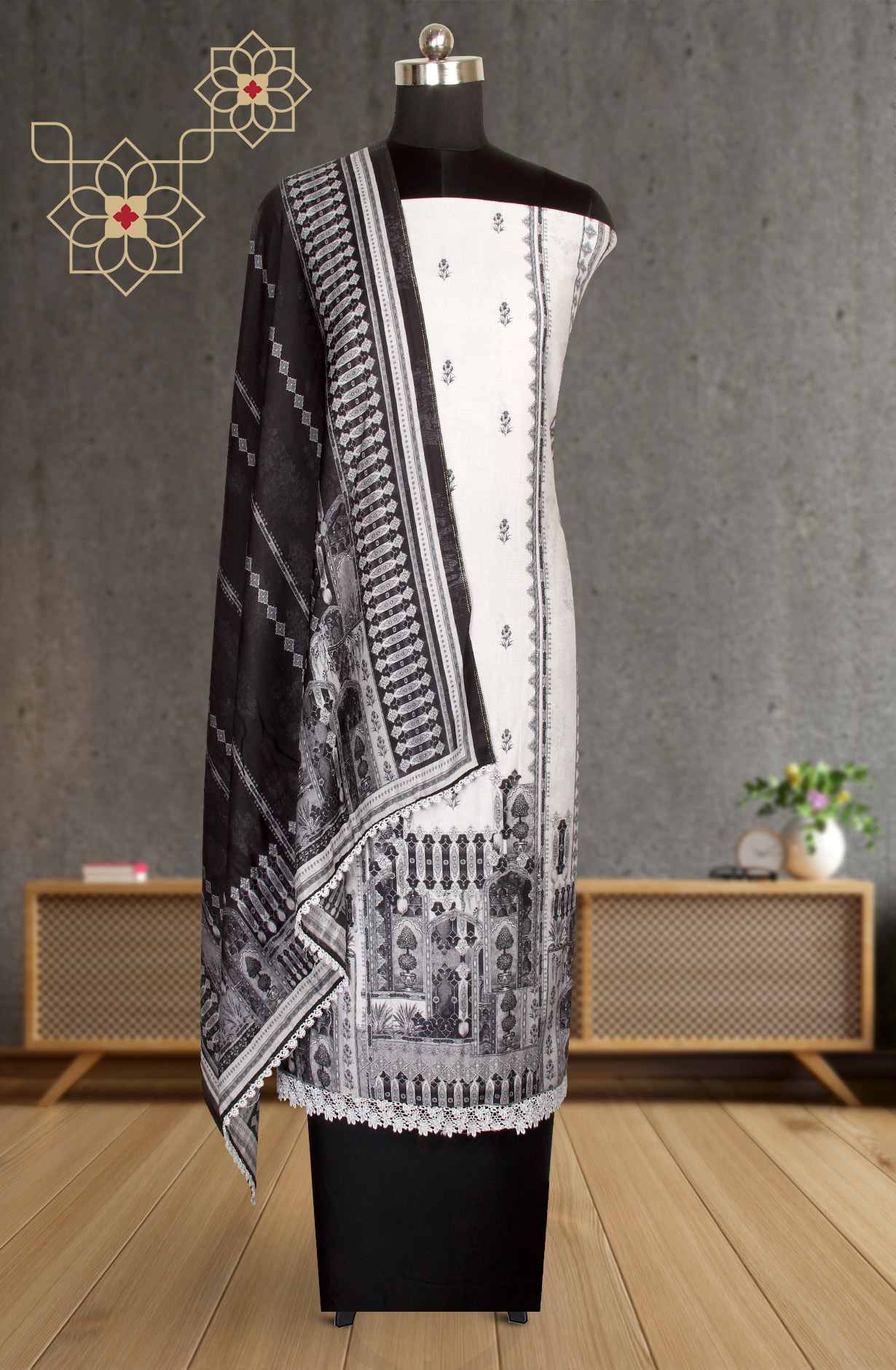 Black and Grey Pashmina Winter Wear Unstitched Salwar Kameez - NIH1812B