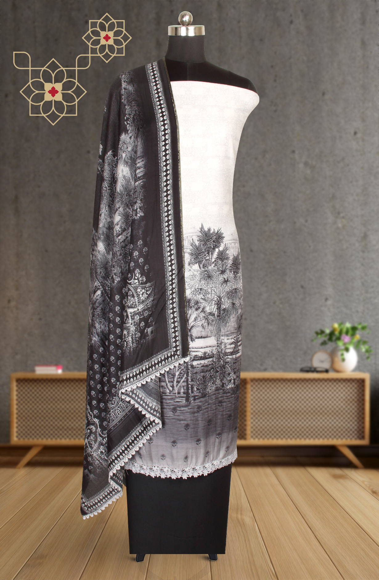 Black and Grey Pashmina Winter Wear Unstitched Salwar Kameez - NIH1812C