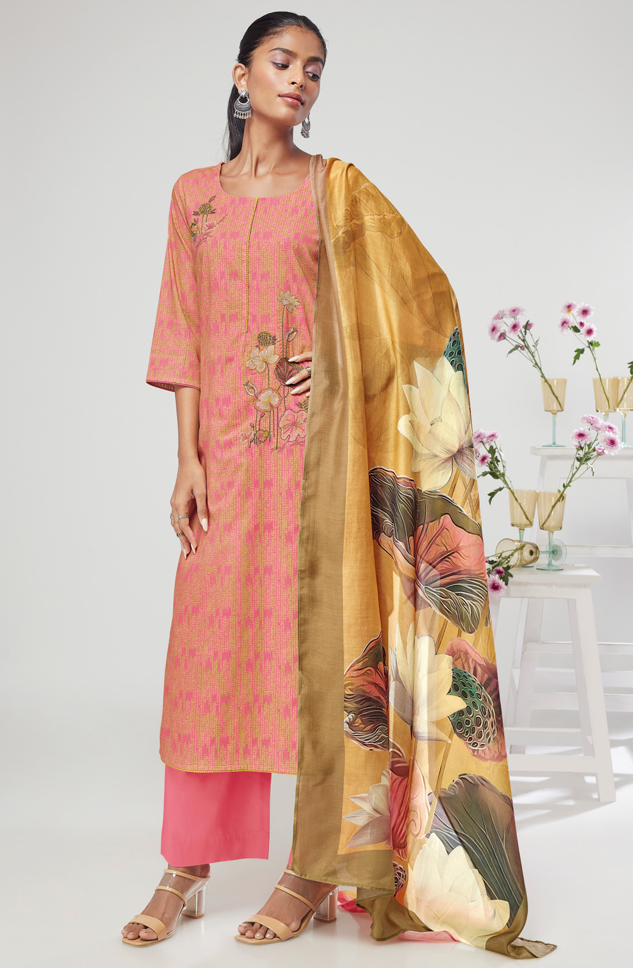 Pink Cotton Digital Printed Suit-sets with Muslin Dupatta - NIKS1670A