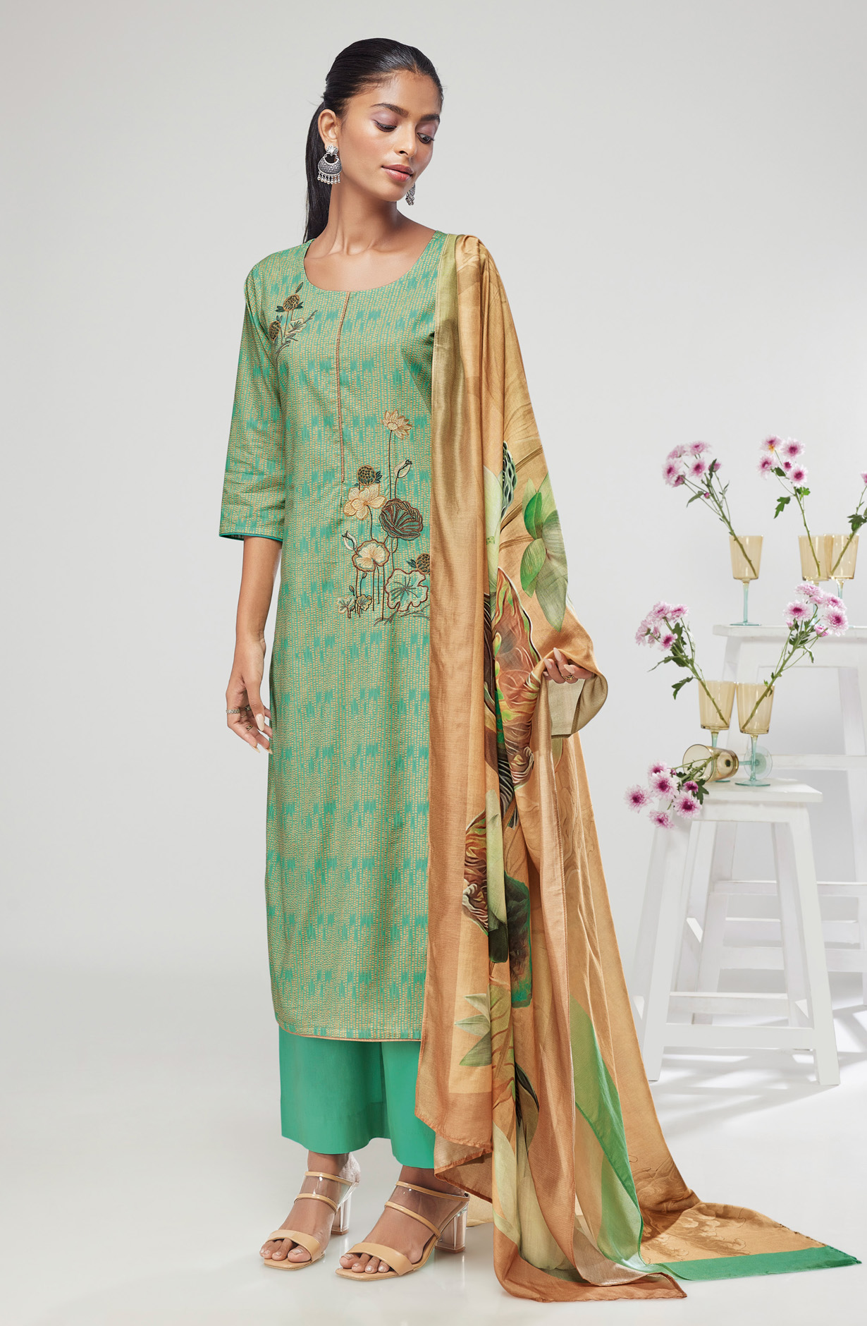Green Cotton Digital Printed Suit-sets with Muslin Dupatta - NIKS1670B