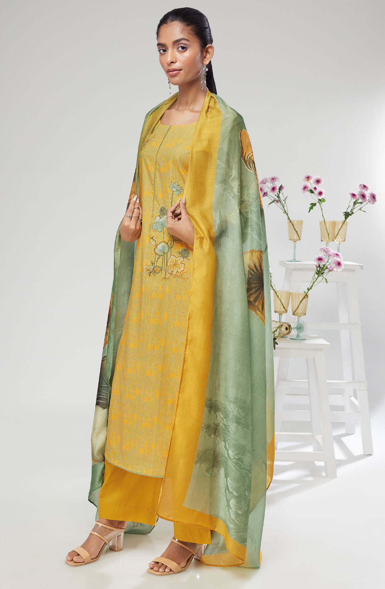 Mustard Cotton Digital Printed Suit-sets with Muslin Dupatta - NIKS1670C