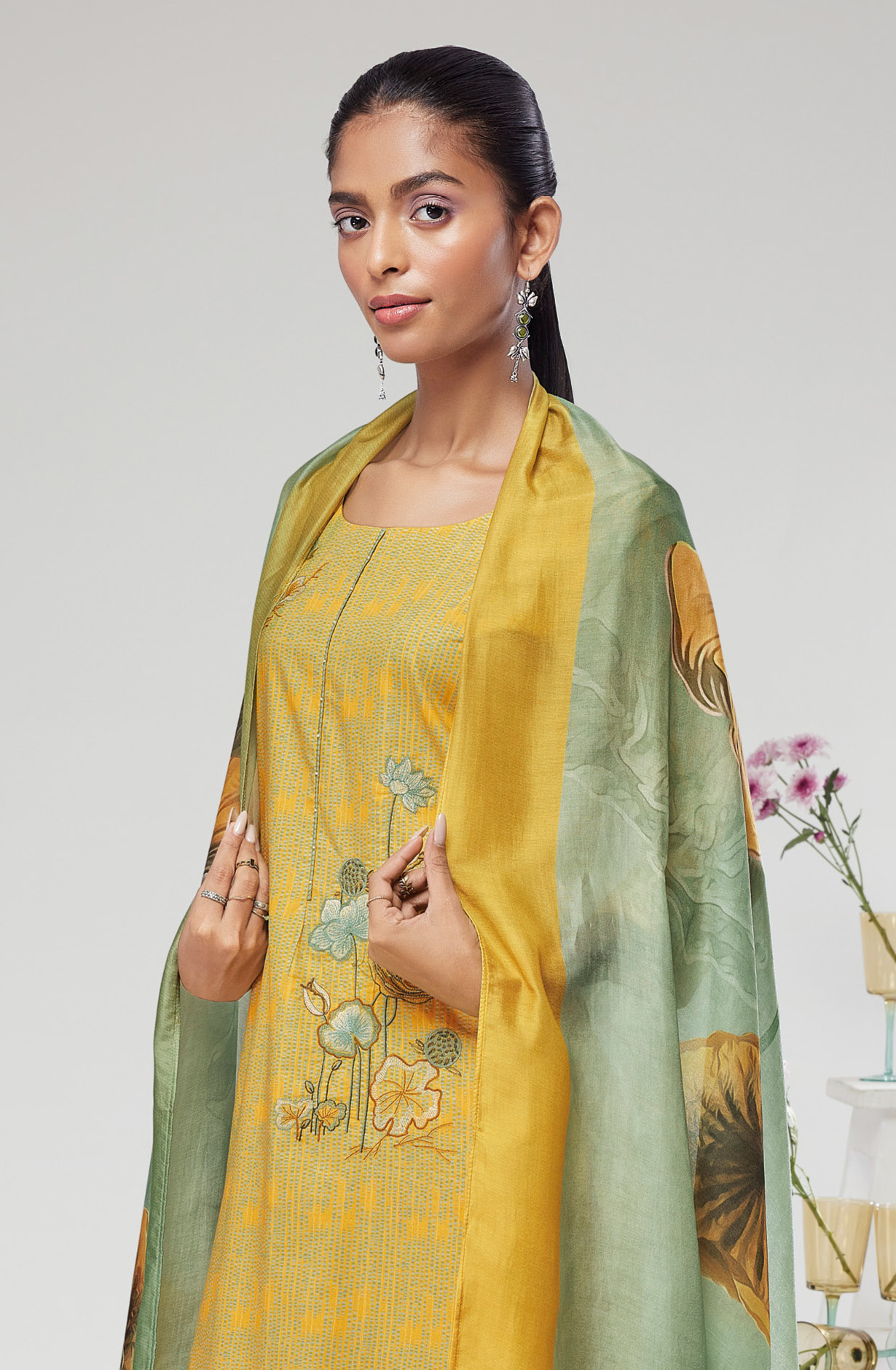 Mustard Cotton Digital Printed Suit-sets with Muslin Dupatta - NIKS1670C
