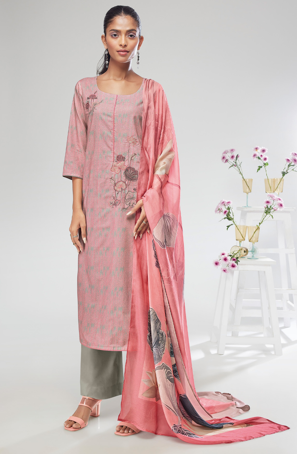 Grey and Pink Cotton Digital Printed Suit-sets with Muslin Dupatta - NIKS1670D